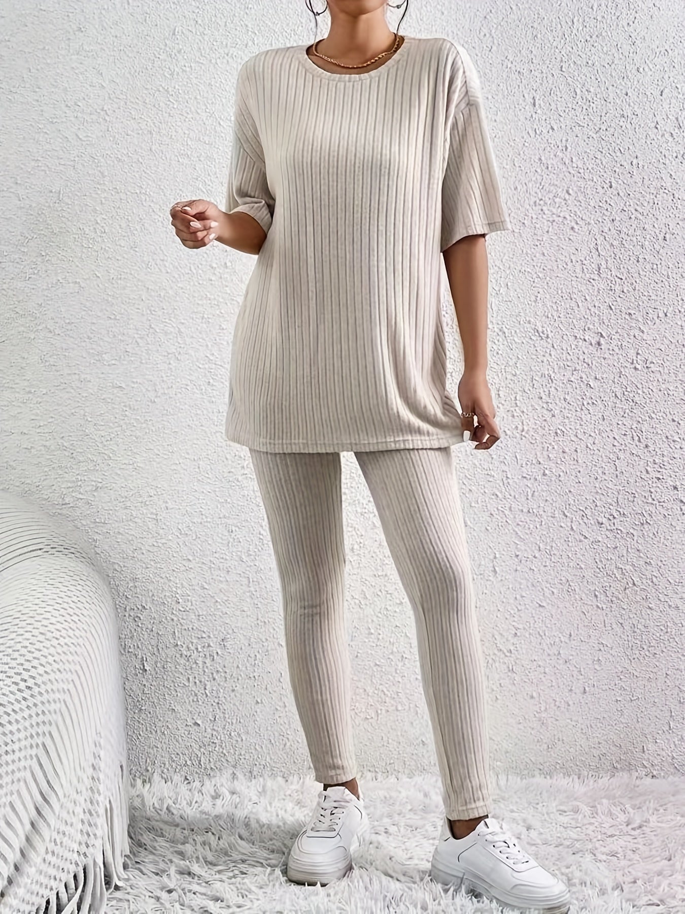 Sixsr Casual Solid Two-piece Set, Drop Shoulder T-shirt & Slim Pants Outfits, Women's Clothing