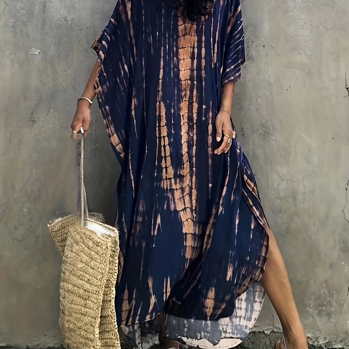 Sixsr V Neck Oversized Kaftan Dress, Bohemian Loose Beach Vacation Dress, Women's Clothing