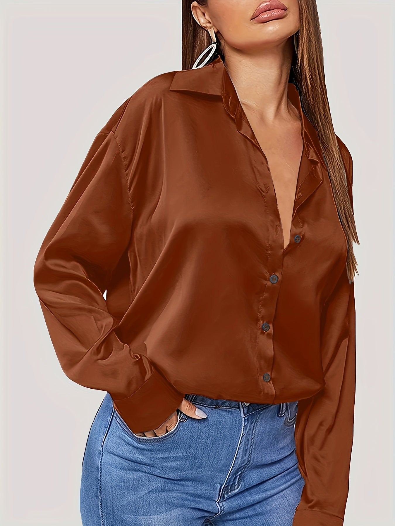 Sixsr Plus Size Casual Blouse, Women's Plus Solid Satin Button Up Long Sleeve Turn Down Collar Blouse
