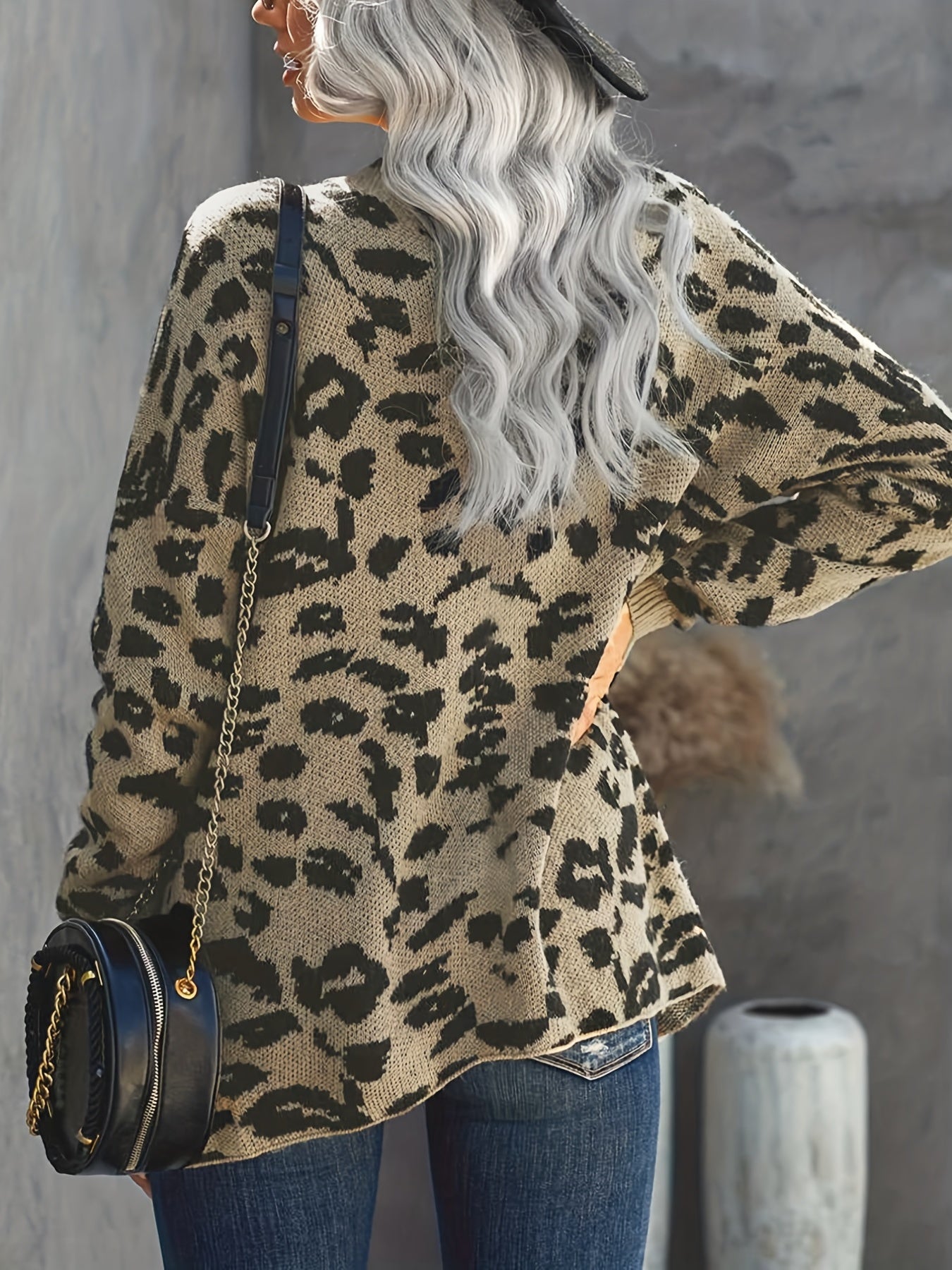 Sixsr Plus Size Casual Cardigan, Women's Plus Leopard Print Long Sleeve Open Front Medium Stretch Sweater Cardigan With Pockets