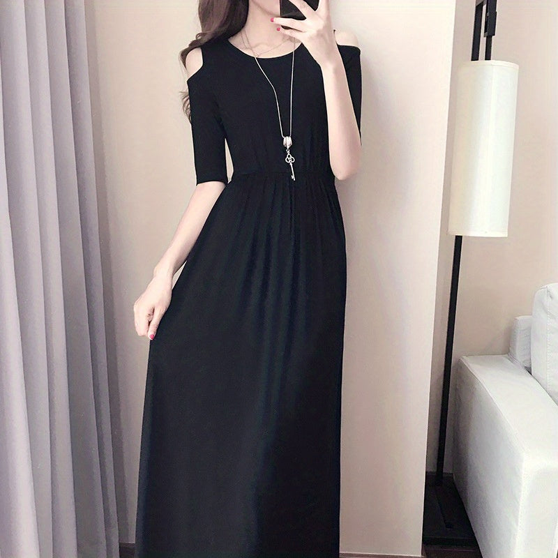 Sixsr Solid Cold Shoulder Dress, Elegant Half Sleeve Crew Neck Dress, Women's Clothing