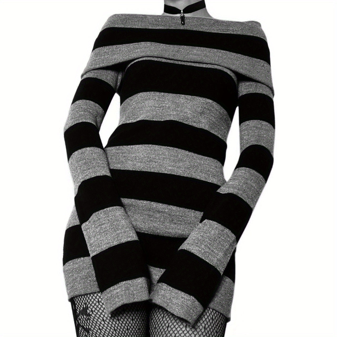Sixsr Striped Print Foldover Dress, Casual Long Sleeve Bodycon Dress, Women's Clothing