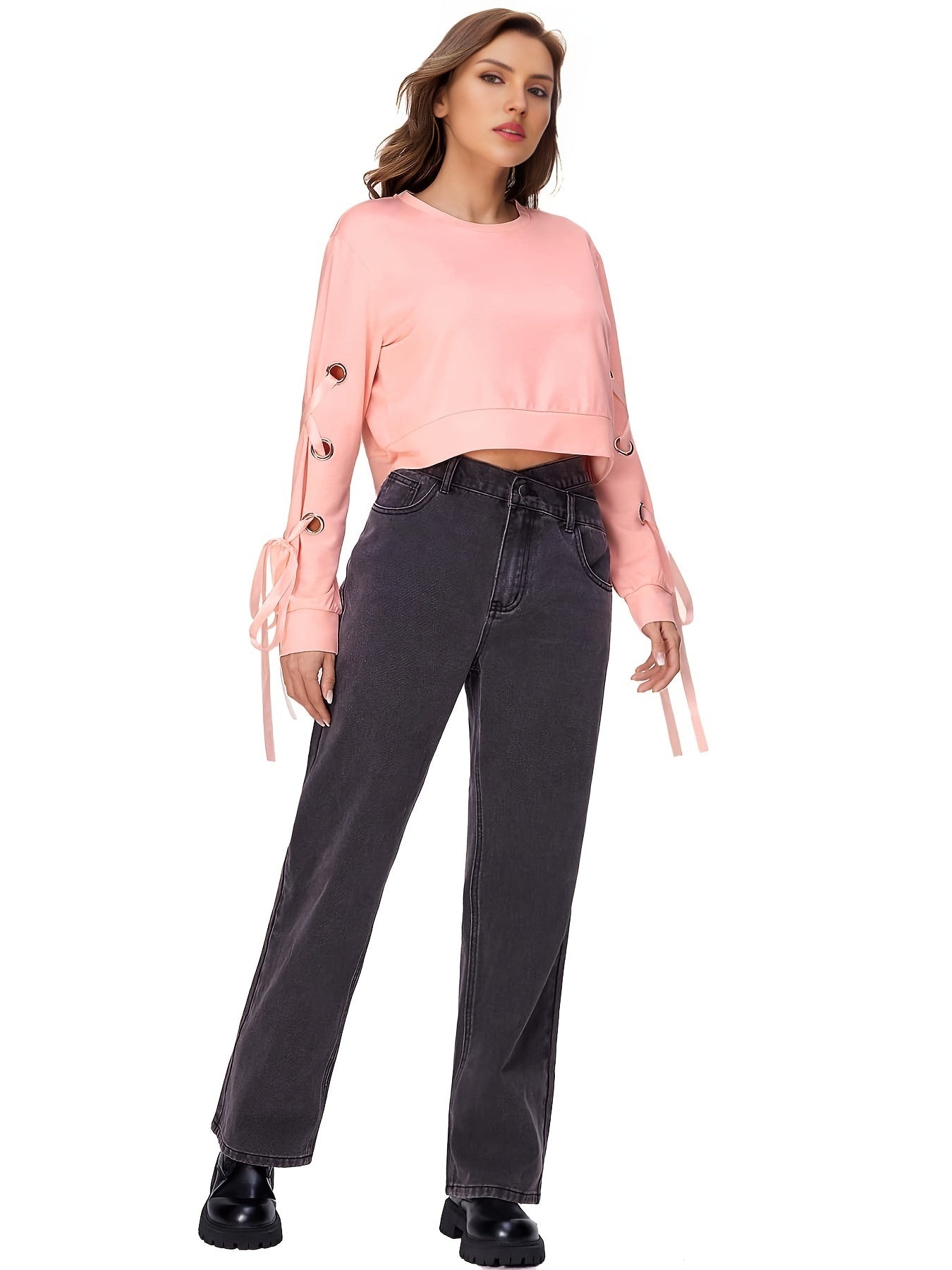 Sixsr Fashion Trend Round Neck Solid T-shirt, Casual Bandage Long Sleeved T-shirt, Women's Clothing