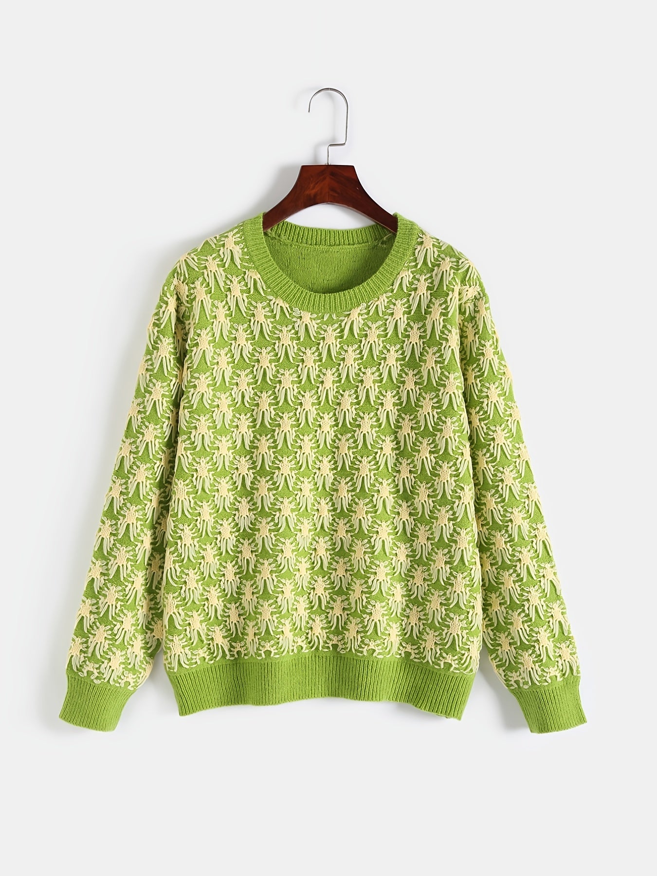 Sixsr Plus Size Jacquard Long Sleeve Knitwear, Women's Plus Casual Round Neck Slight Stretch Pullover Sweater