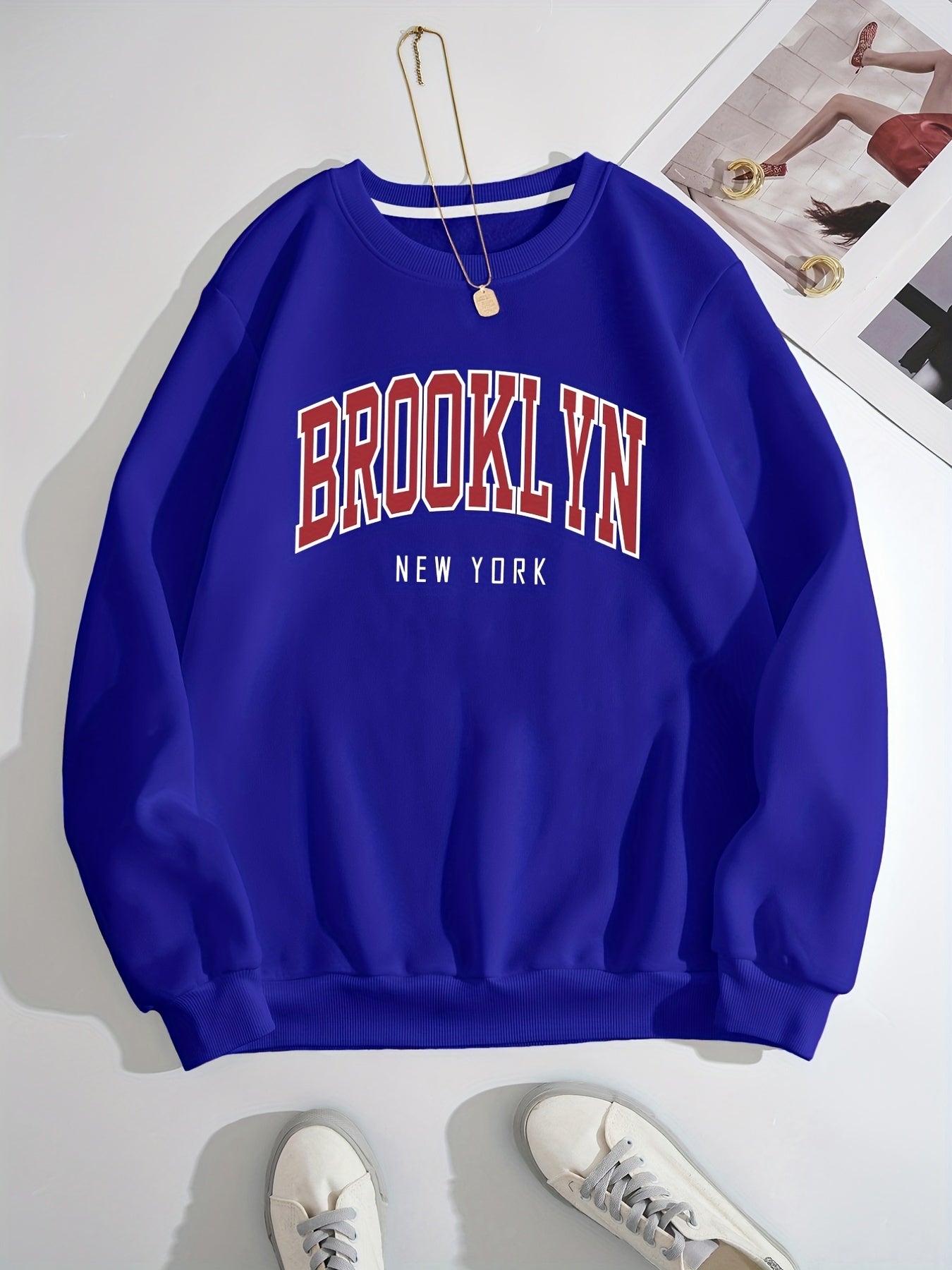 Sixsr Brooklyn Print Solid Pullover, Crew Neck Long Sleeve Casual Sweatshirt, Women's Clothing