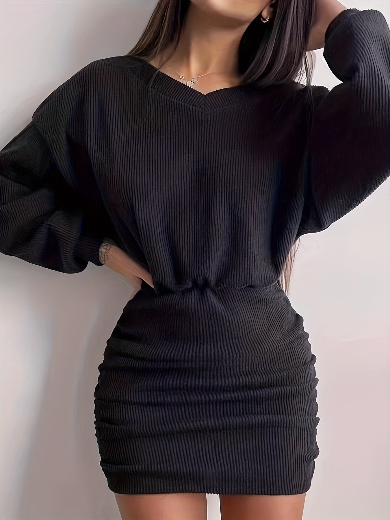 Sixsr Ruched Bodycon Dress, Sexy Long Sleeve Bag Hip Mini Dress, Women's Clothing