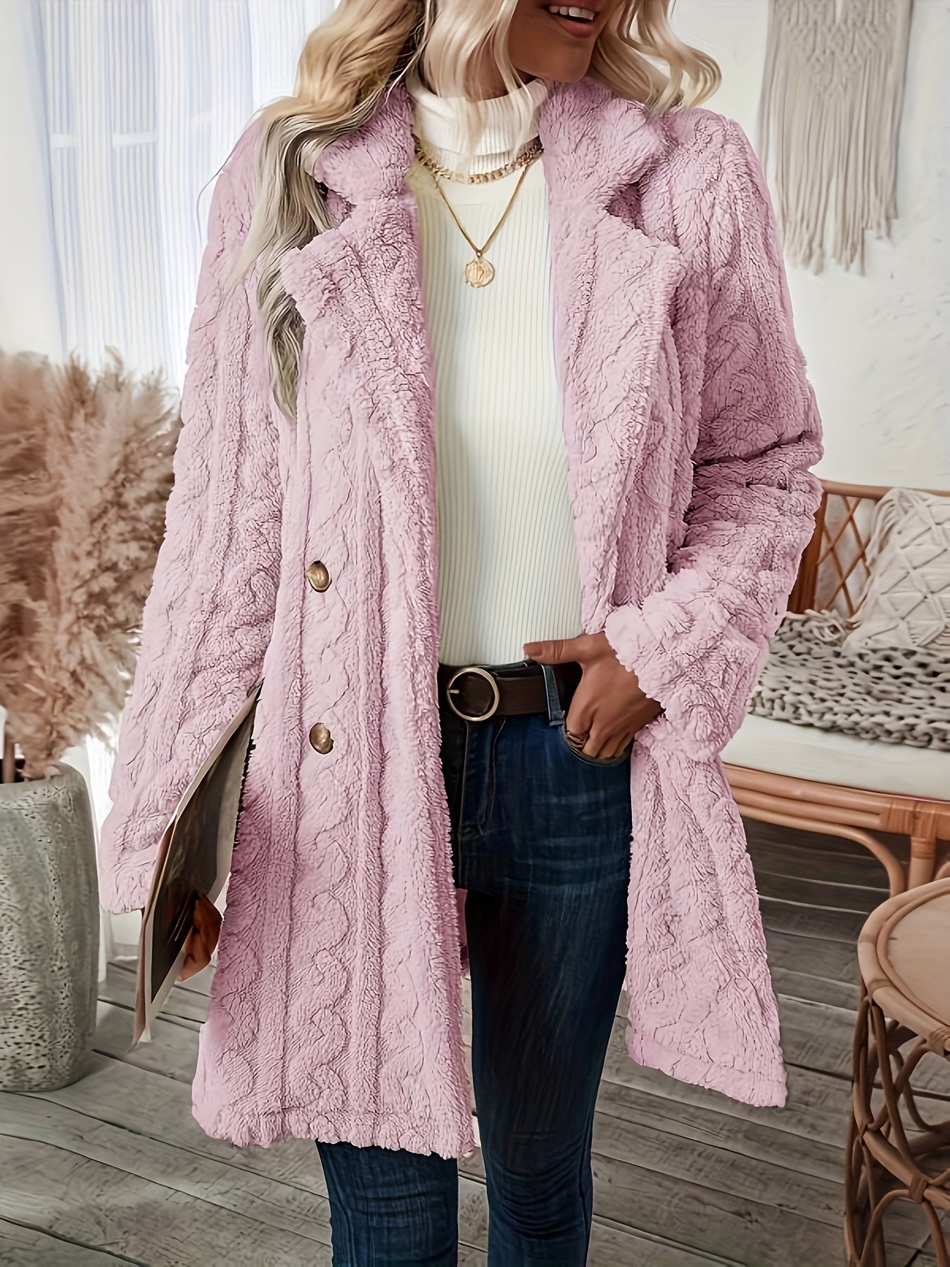 Sixsr Double-breasted Teddy Bear Coat, Casual Thermal Lapel Neck Long Sleeve Plush Jacket For Winter, Women's Clothing
