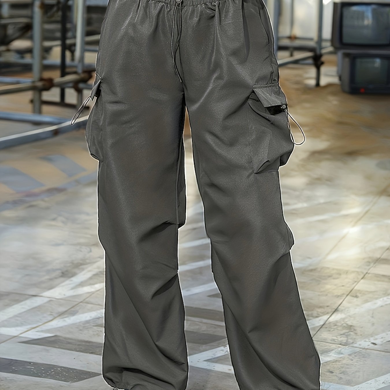 Sixsr Plus Size Casual Pants, Women's Plus Solid Elastic Drawstring High Rise Loose Parachute Cargo Pants With Pockets