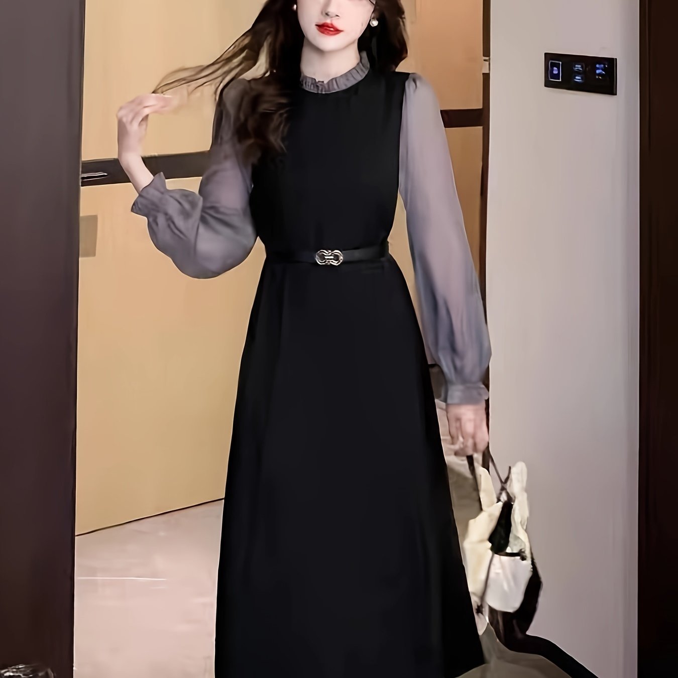 Sixsr Color Block Lettuce Trim Dress, Elegant Long Sleeve Midi Dress, Women's Clothing