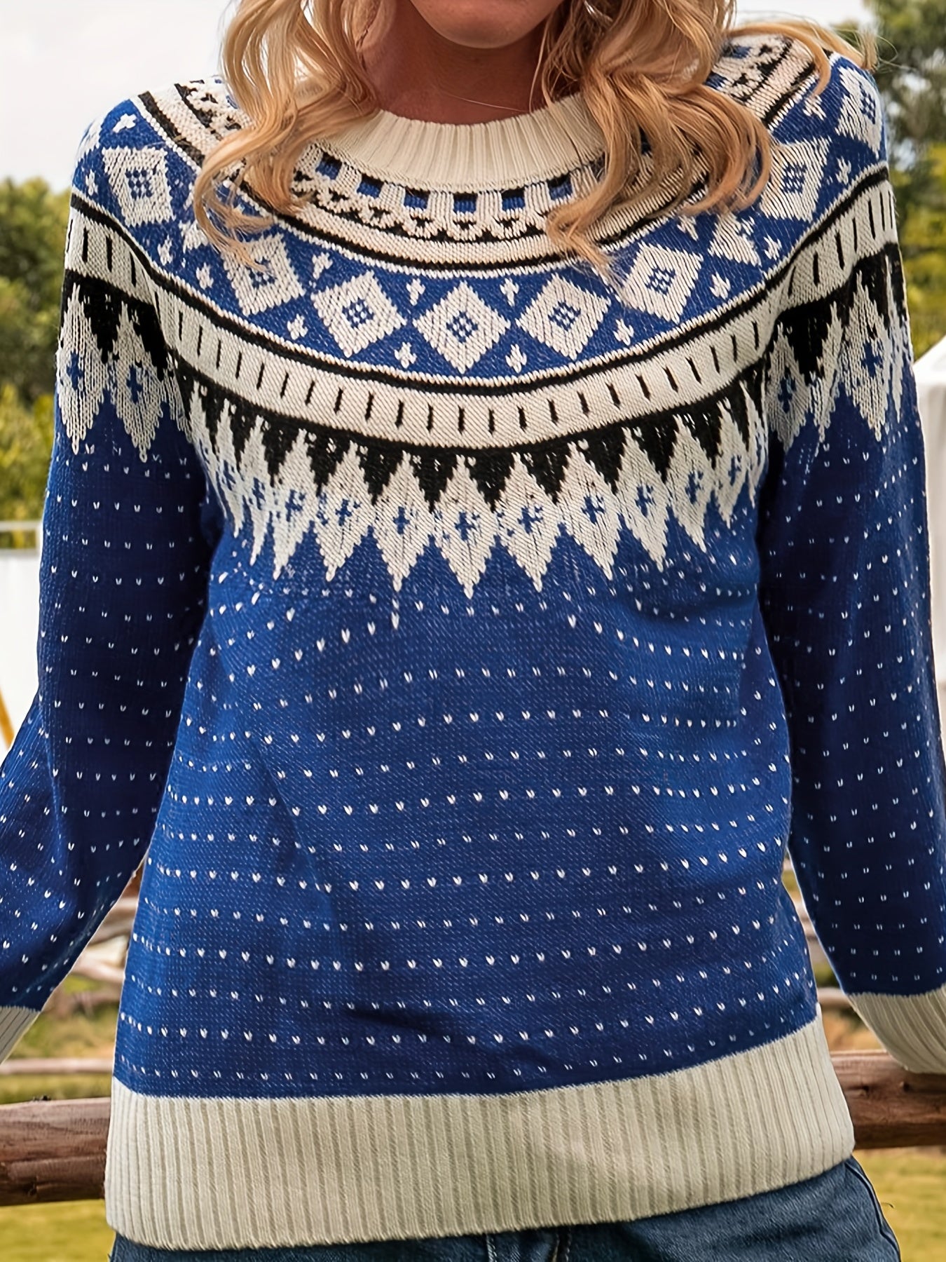 Sixsr Plus Size Boho Sweater, Women's Plus Geo Patterned Long Sleeve Crew Neck Medium Stretch Pullover Jumper