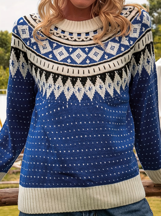 Sixsr Plus Size Boho Sweater, Women's Plus Geo Patterned Long Sleeve Crew Neck Medium Stretch Pullover Jumper