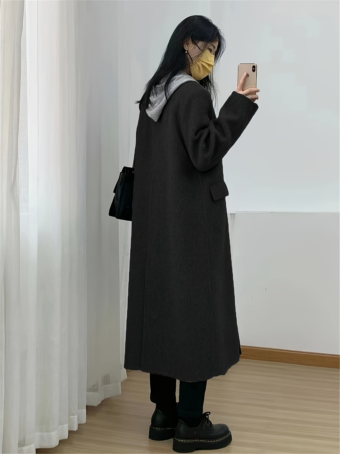 Sixsr Notched Collar Double-breasted Coat, Casual Long Sleeve Midi Overcoat For Fall & Winter, Women's Clothing