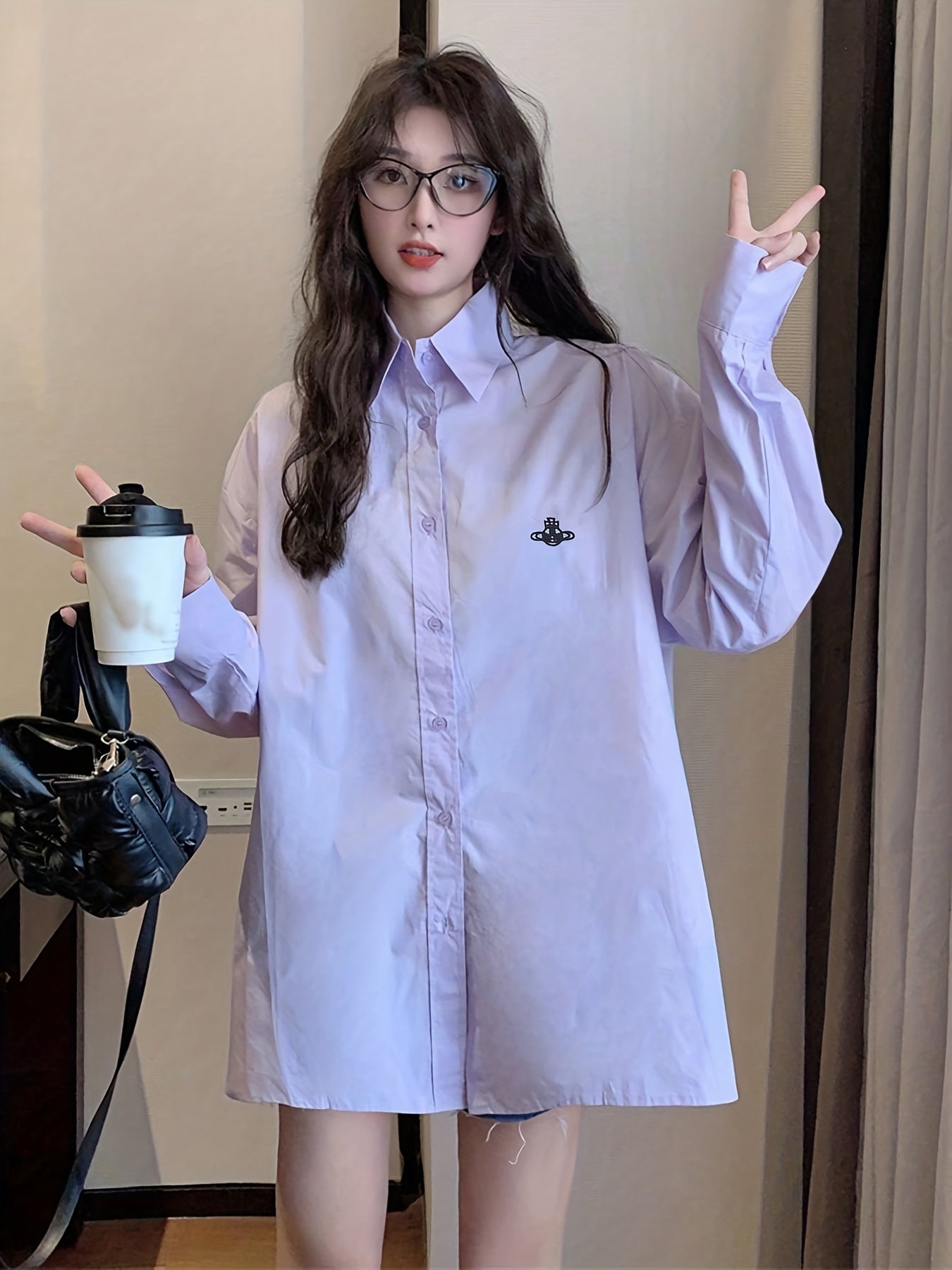 Sixsr Embroidered Solid Shirt, Casual Oversized Button Front Long Sleeve Shirt, Women's Clothing