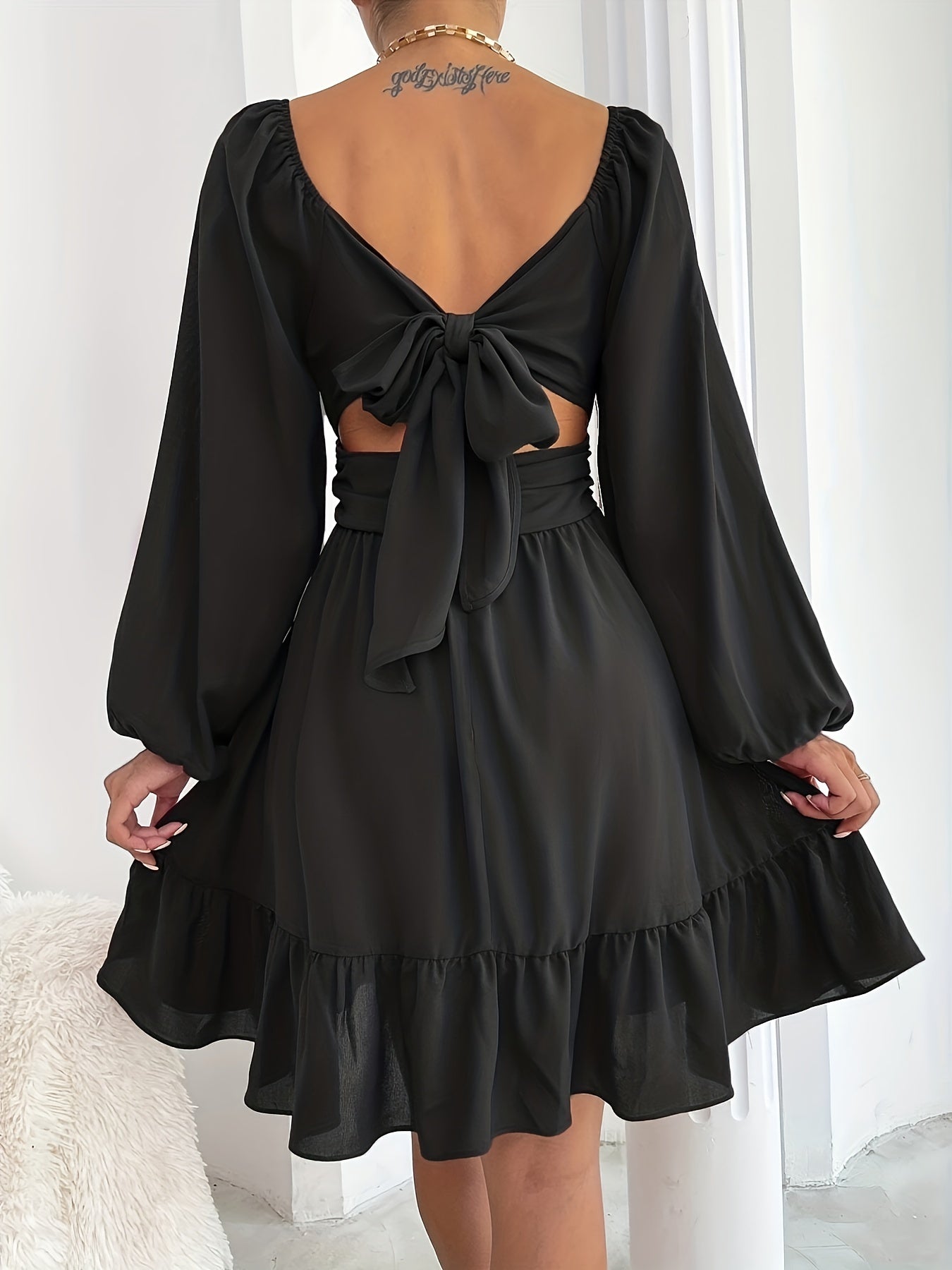 Sixsr Tied Back Lantern Sleeve Dress, Cinched Waist Square Neck Ruched Dress, Women's Clothing