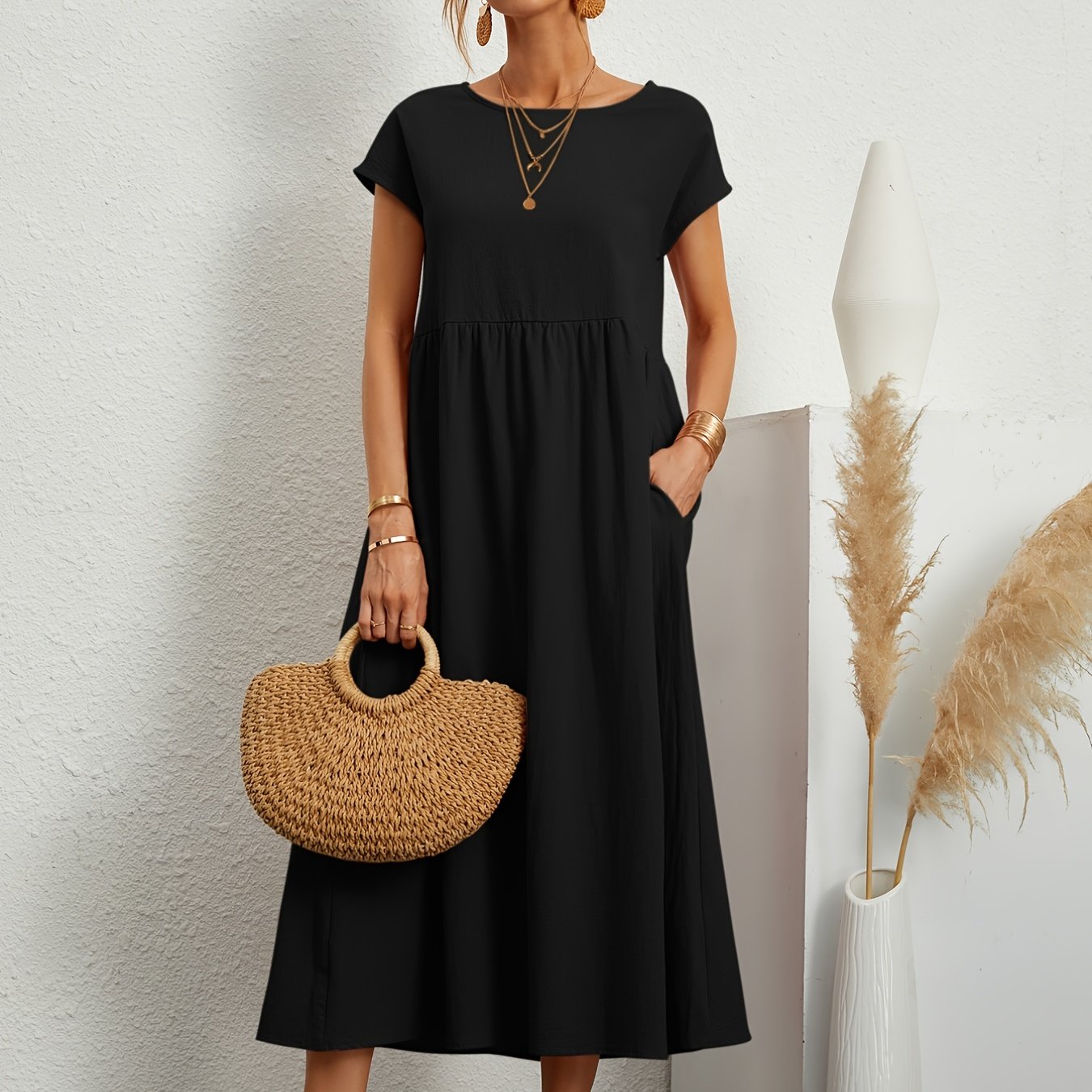 Sixsr Loose Pocket Solid Dress, Casual Short Sleeve Crew Neck Waist Summer Dress, Women's Clothing