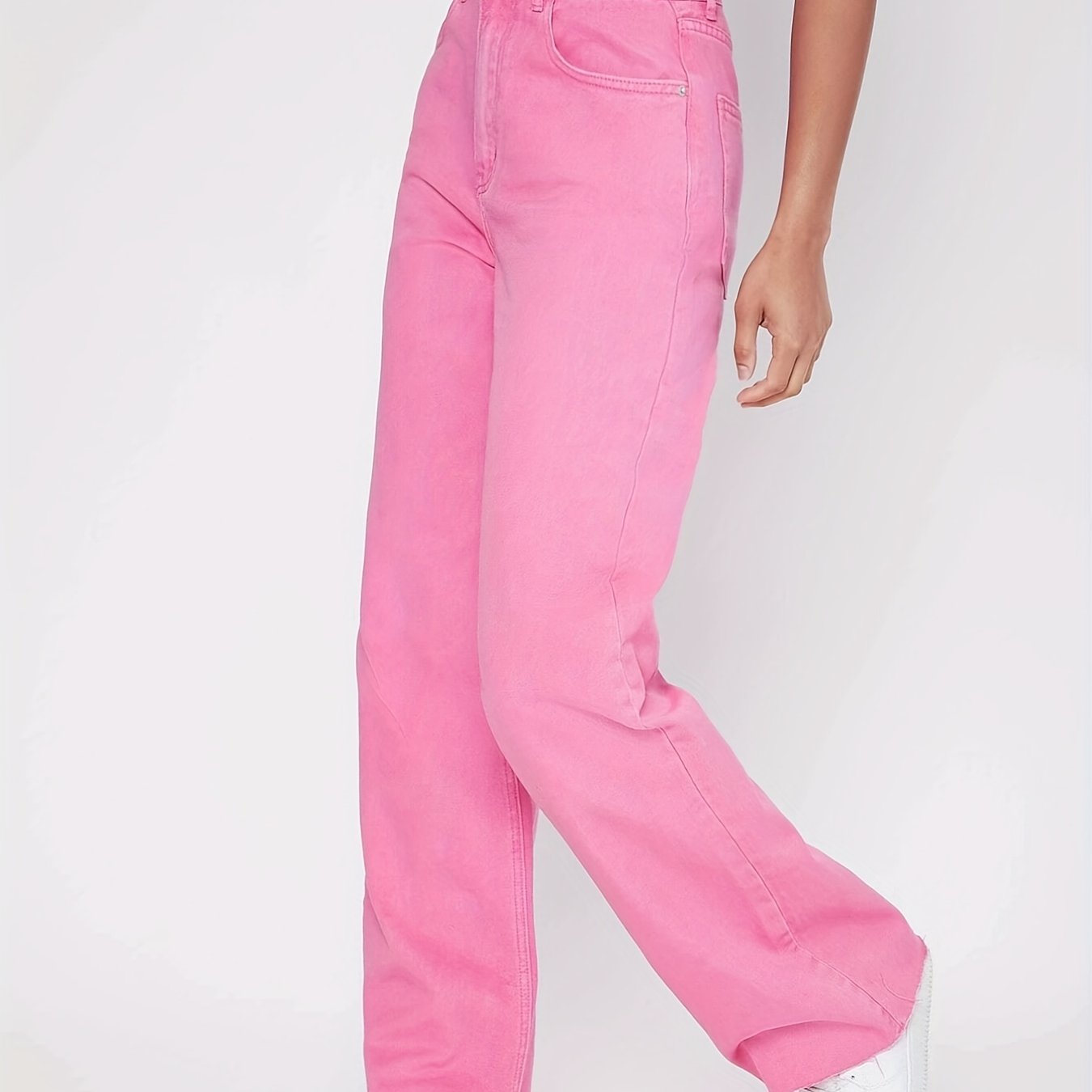 Sixsr Pink Raw Cut Straight Jeans, Loose Fit High Rise Slant Pockets Denim Pants, Women's Denim Jeans & Clothing