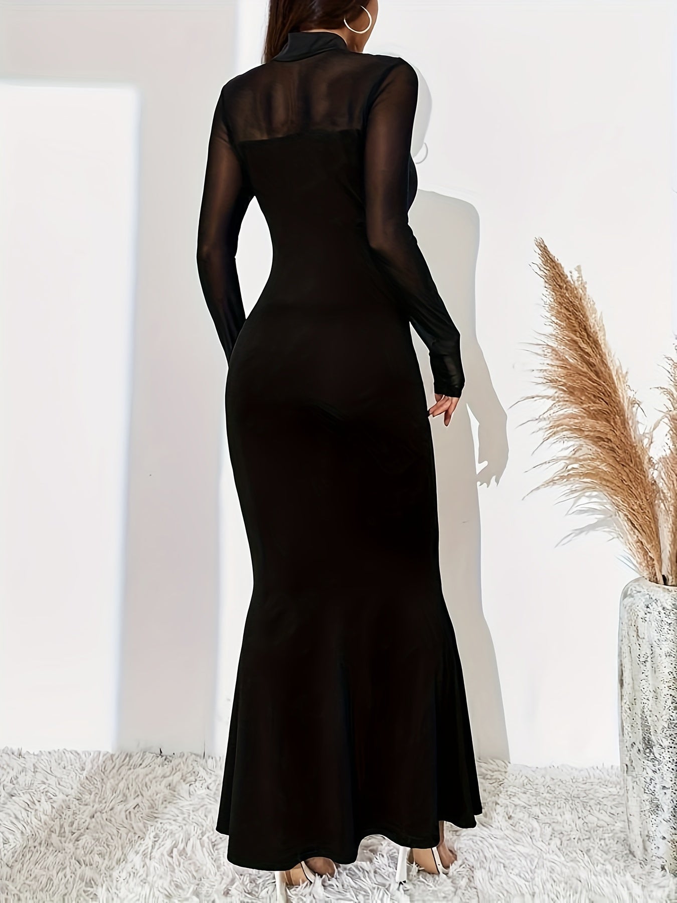 Sixsr Mesh Stitching Mock Neck Dress, Casual Slim Long Sleeve Maxi Dress, Women's Clothing