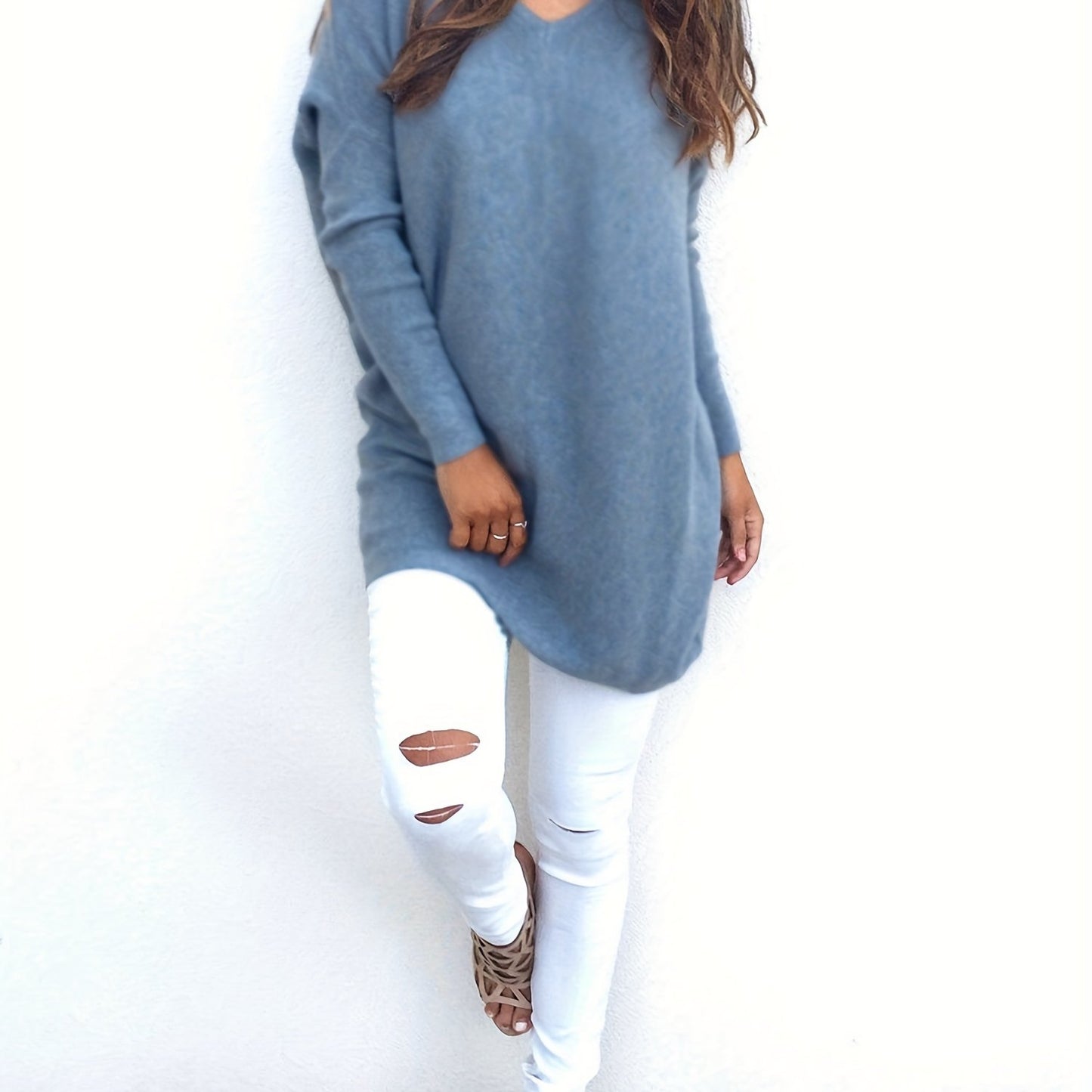 Sixsr Plus Size Casual Sweater, Women's Plus Solid Long Sleeve V Neck Slight Stretch Loose Pullover Jumper