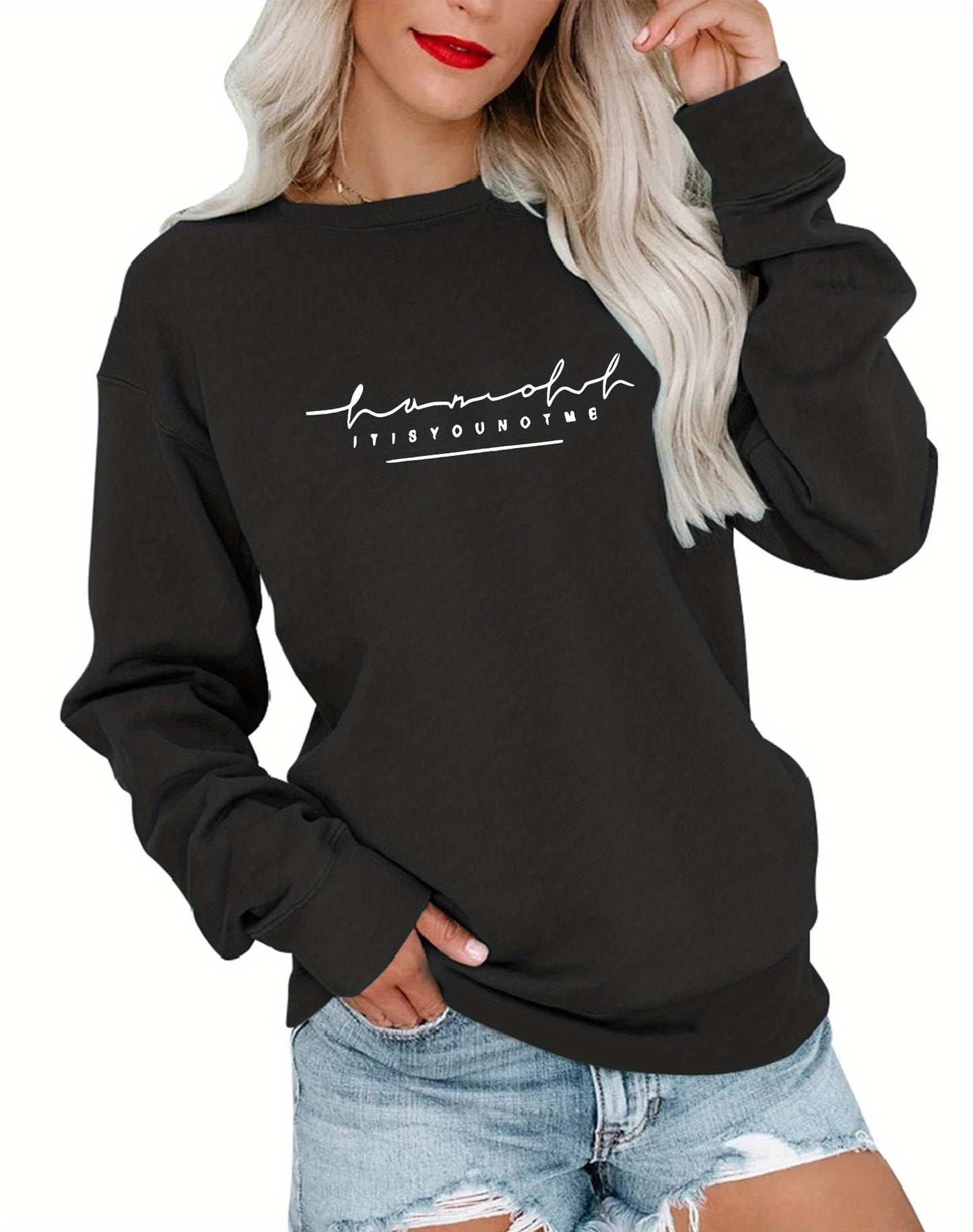 Sixsr Plus Size Casual Sweatshirt, Women's Plus Art Letter Print Long Sleeve Crew Neck Medium Stretch Pullover Sweatshirt, Casual Tops For Fall & Winter, Plus Size Women's Clothing