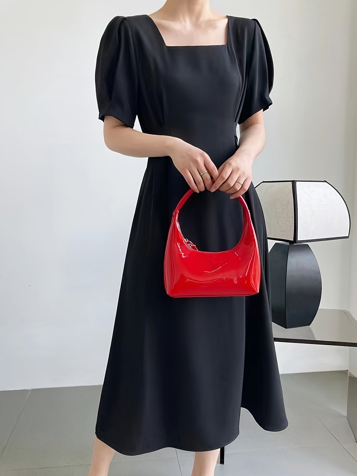 Sixsr Solid Squared Neck Short Sleeve Tie Back Dress, Elegant Ruffled Hem Stylish Maxi Dress, Women's Clothing