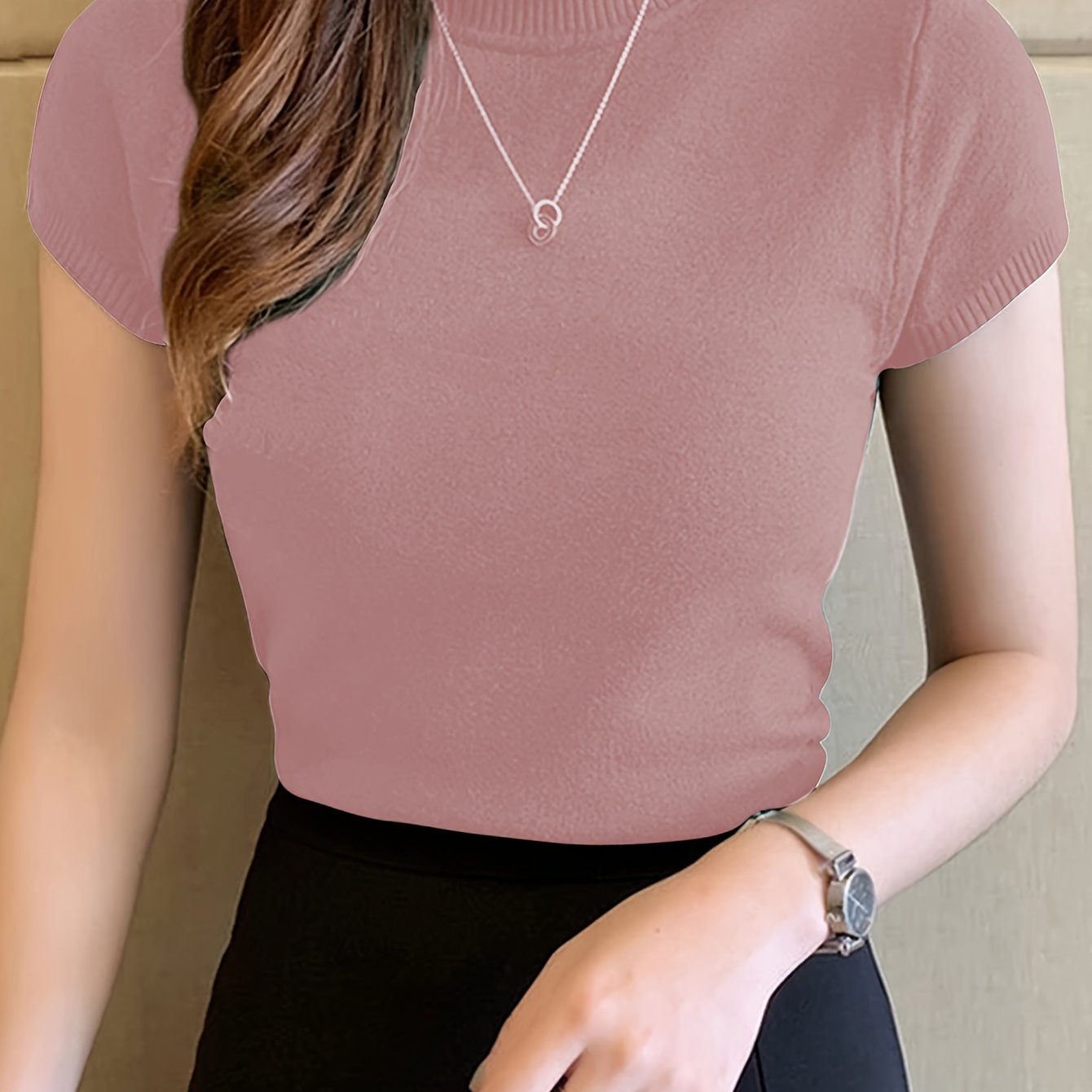 Sixsr Solid Mock Neck Knit Sweater, Casual Short Sleeve Sweater, Women's Clothing