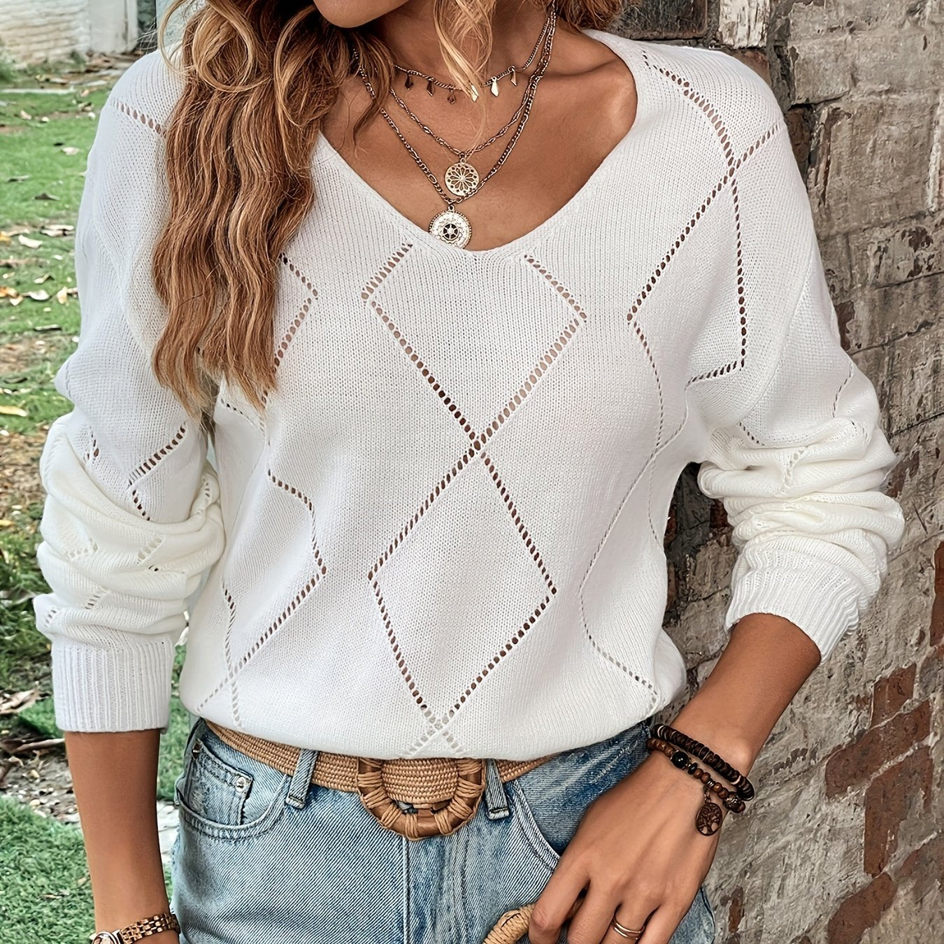 Sixsr Long Sleeve Hollow Out Sweater, V Neck Casual Sweater, Women's Clothing