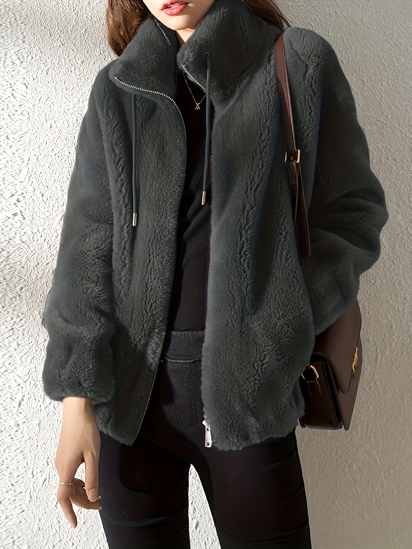 Sixsr Drawstring Teddy Coat, Casual Zip Up Long Sleeve Warm Outerwear, Women's Clothing