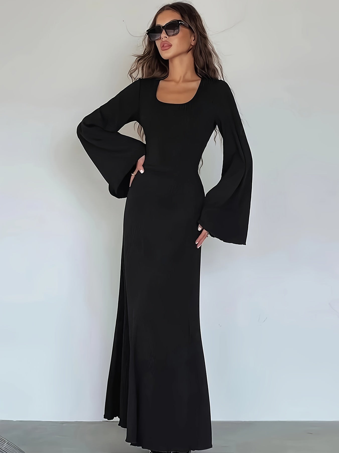 Sixsr Solid Flared Long Sleeve Dress, Casual Squared Neck Maxi Dress, Women's Clothing