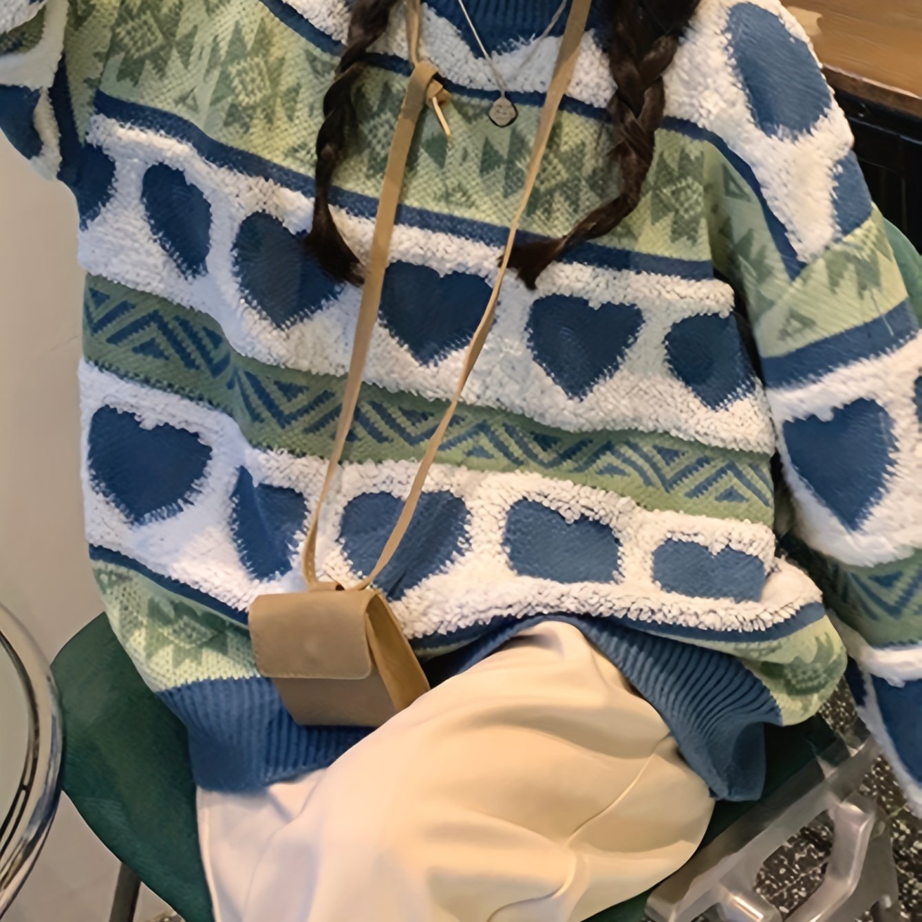 Sixsr Heart Pattern Crew Neck Pullover Sweater, Vintage Long Sleeve Soft Oversized Sweater, Women's Clothing