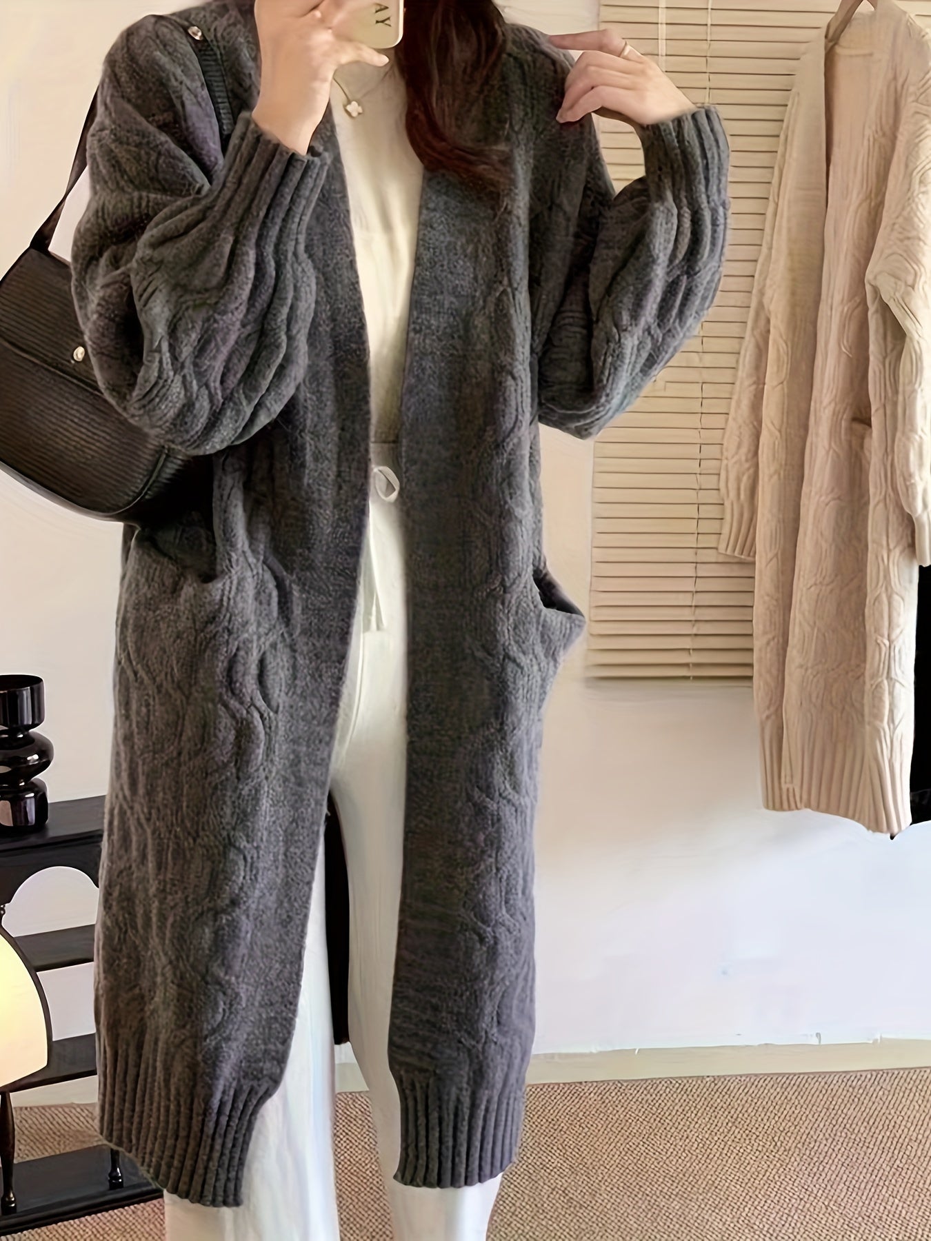 Sixsr Solid Open Front Cable Knit Cardigan, Casual Long Sleeve Warm Sweater Coat With Pocket, Women's Clothing