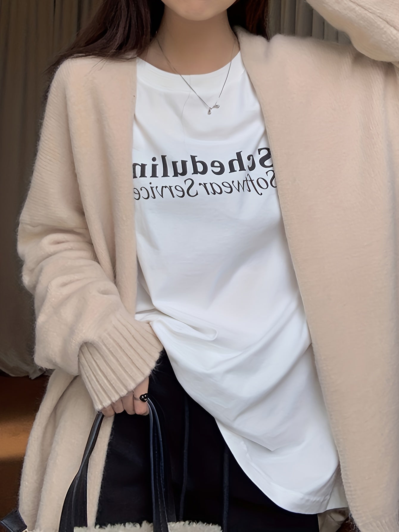 Sixsr Solid Open Front Knit Cardigan, Casual Long Sleeve Drop Shoulder Loose Sweater, Women's Clothing