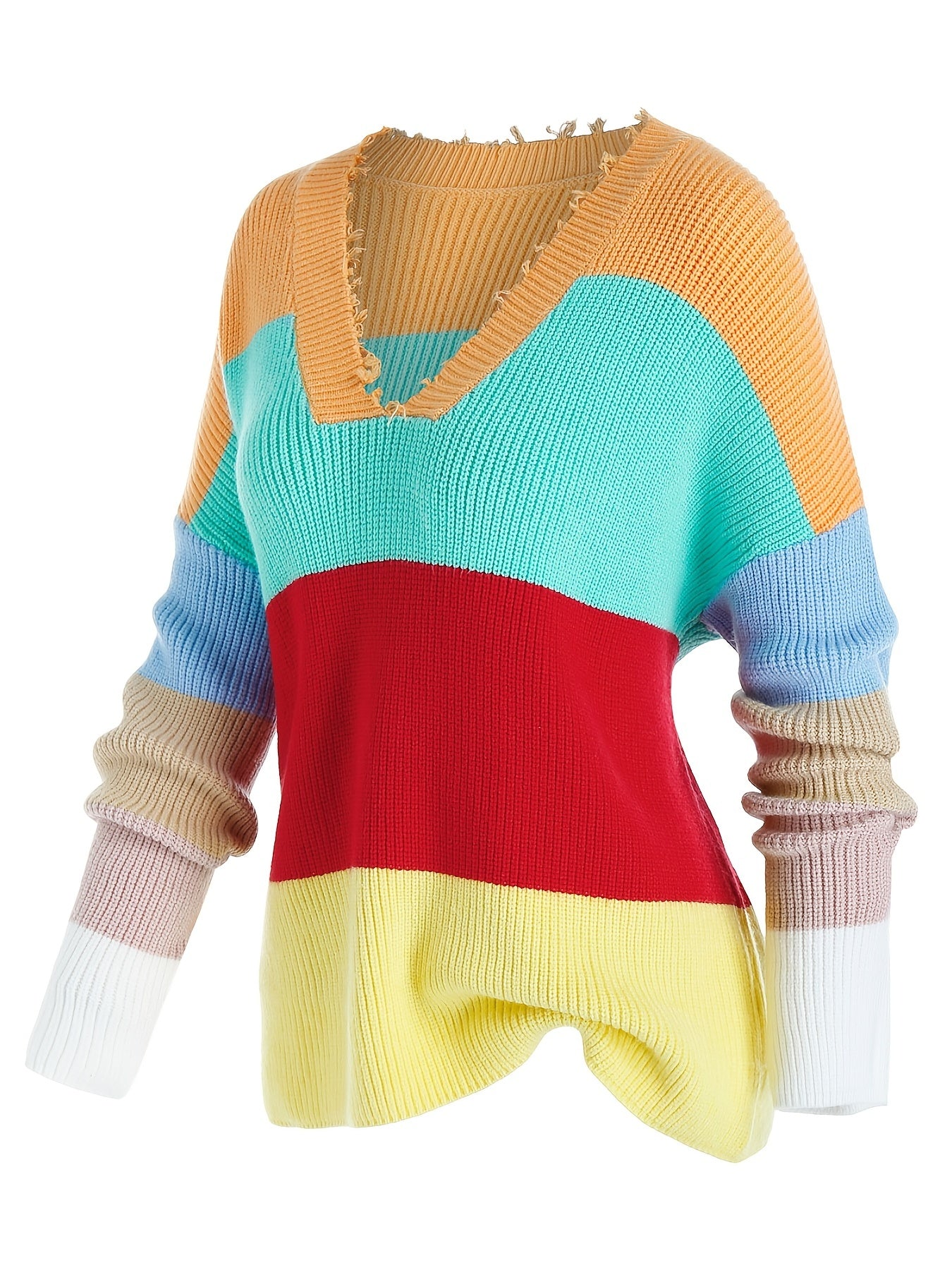 Sixsr Plus Size Color Eyelash Trim Long Sleeve Sweater, Women's Plus Slight Stretch Casual Sweater