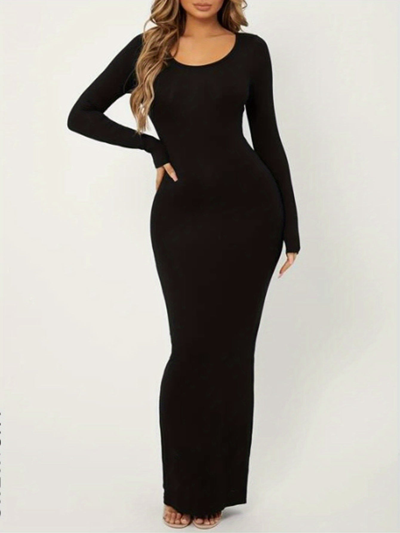 Sixsr Solid Crew Neck Dress, Elegant Long Sleeve Long Length Bodycon Dress, Women's Clothing