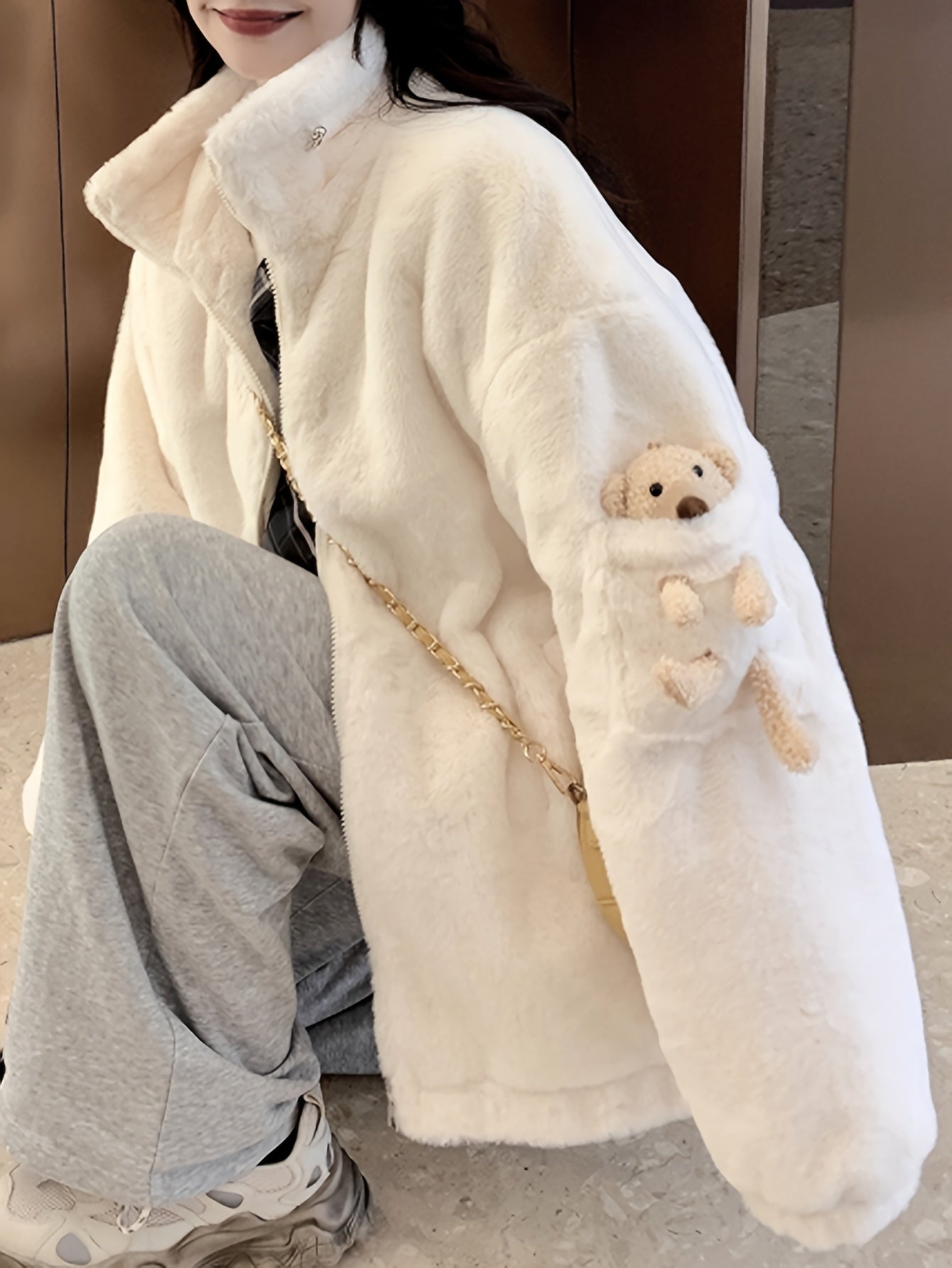 Sixsr Teddy Decor Zip Front Plush Coat, Long Sleeve Slant Pockets Outerwear For Fall & Winter, Women's Clothing