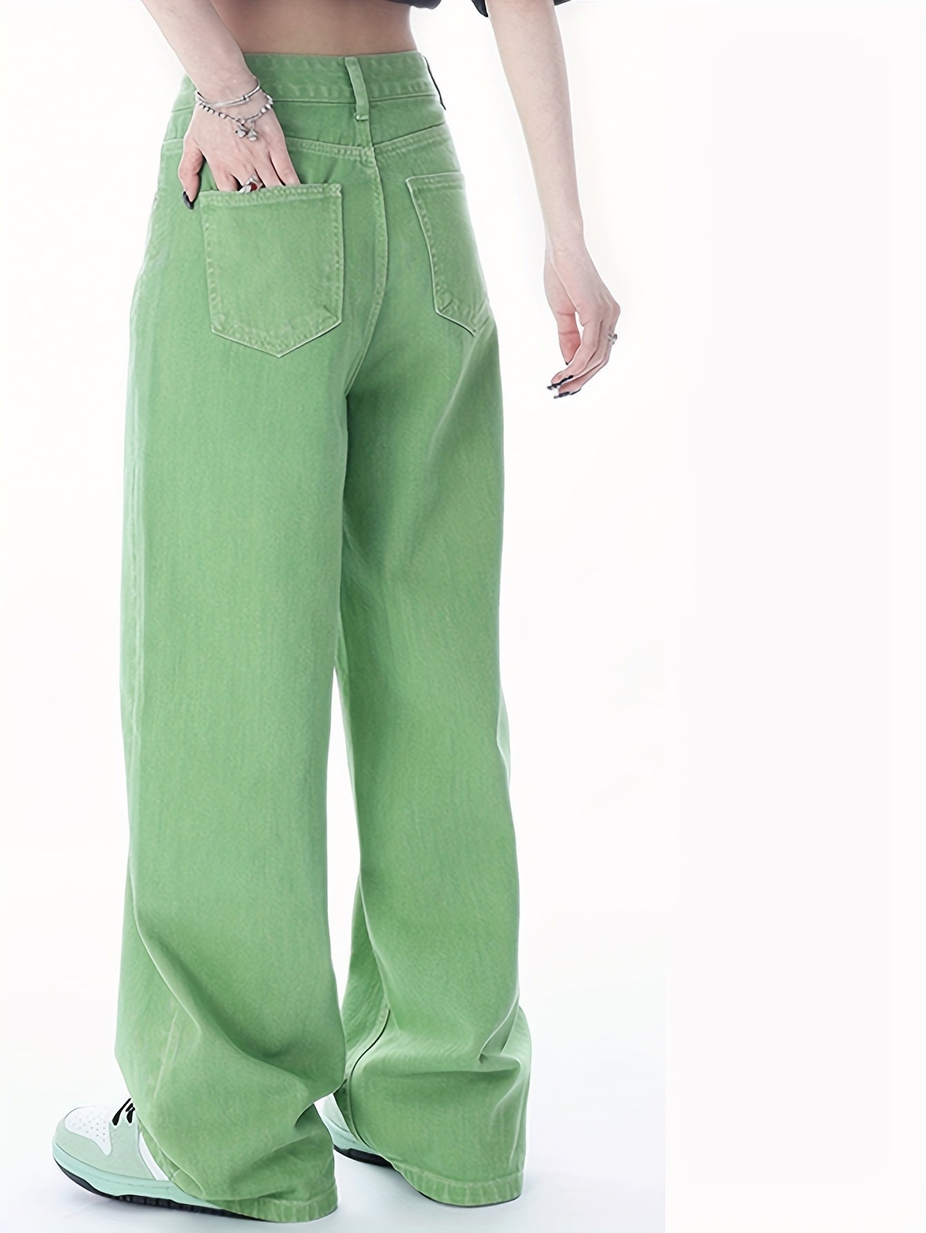 Sixsr Green Loose Fit Straight Jeans, Non-Stretch Slant Pockets Casual Wide Legs Jeans, Women's Denim Jeans & Clothing