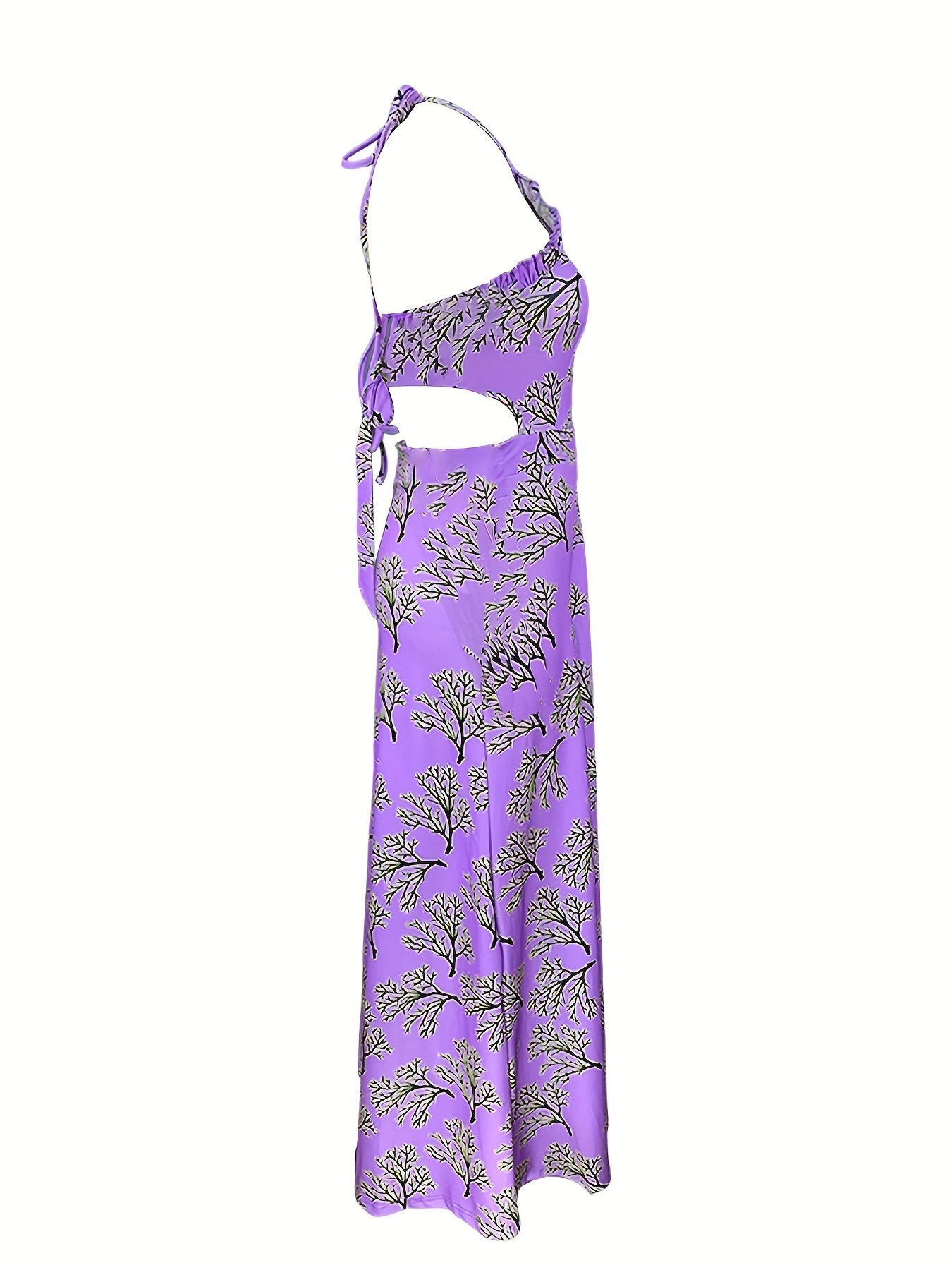 Sixsr Plant Print Halter Neck Dress, Boho Sleeveless High Waist Maxi Dress, Women's Clothing