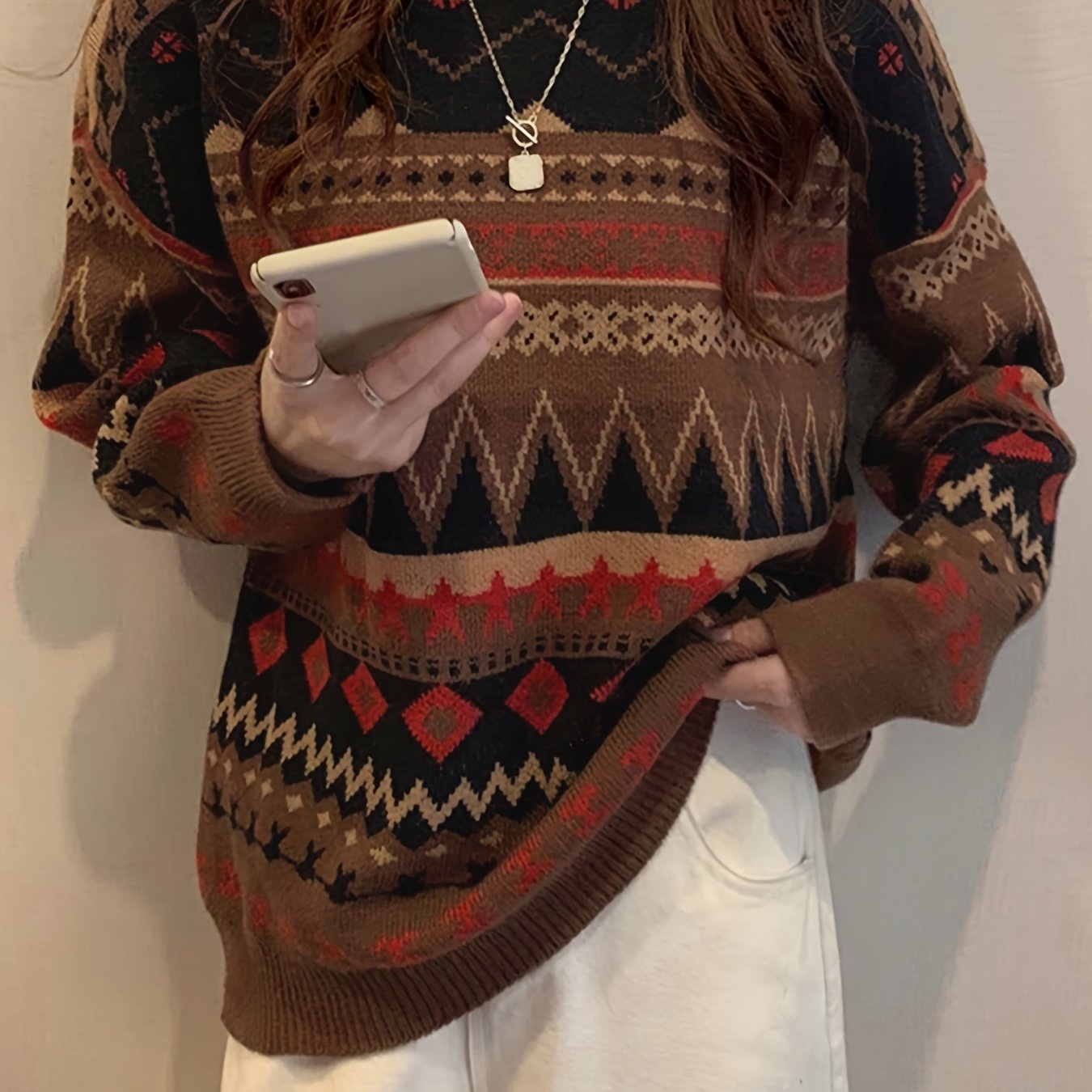 Sixsr Geo Pattern Crew Neck Pullover Sweater, Vintage Long Sleeve Loose Sweater, Women's Clothing