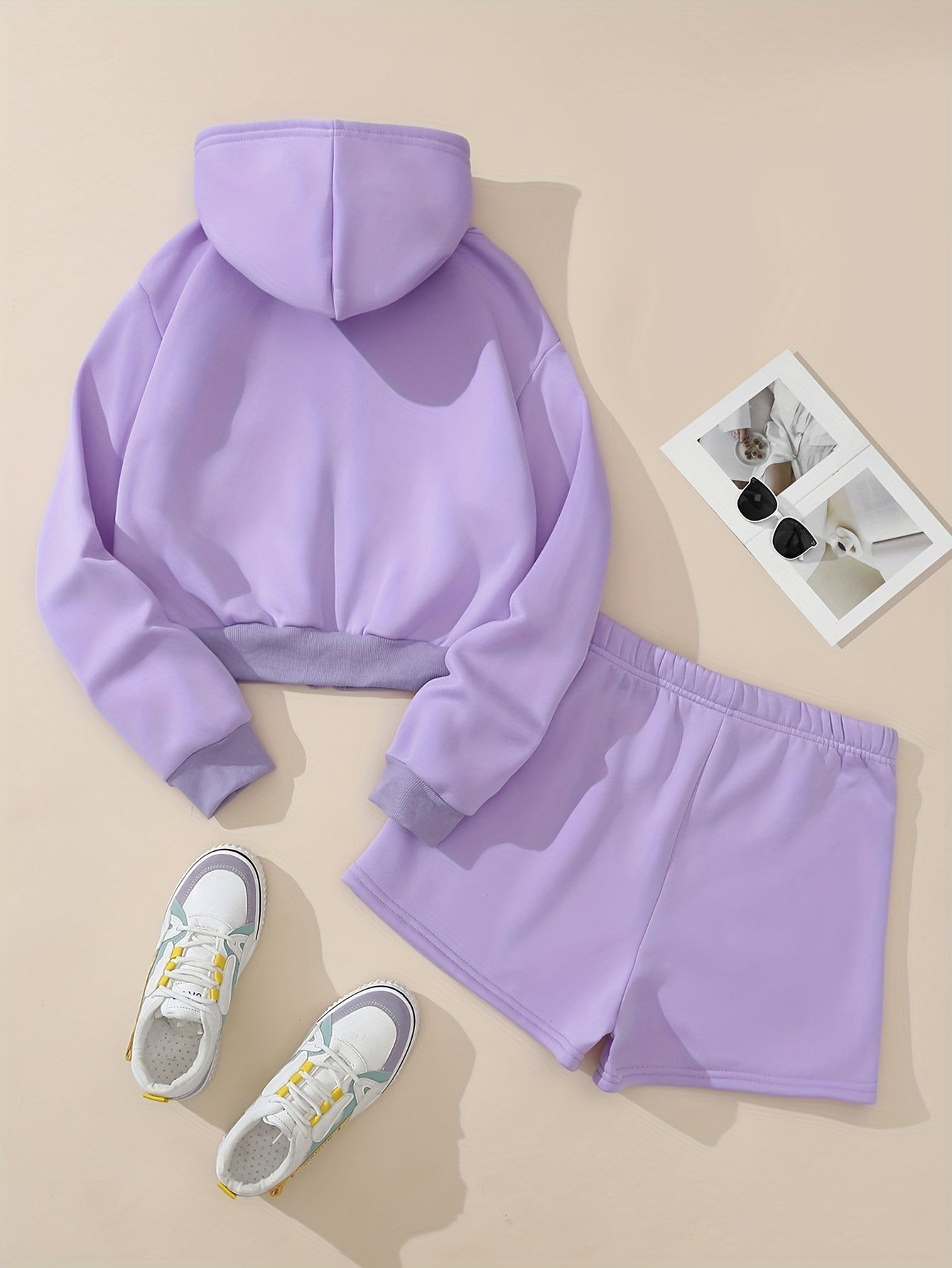 Sixsr Solid Casual Two-piece Set, Zip Up Drawstring Hooded Tops & Elastic Waist Shorts Outfits, Women's Clothing