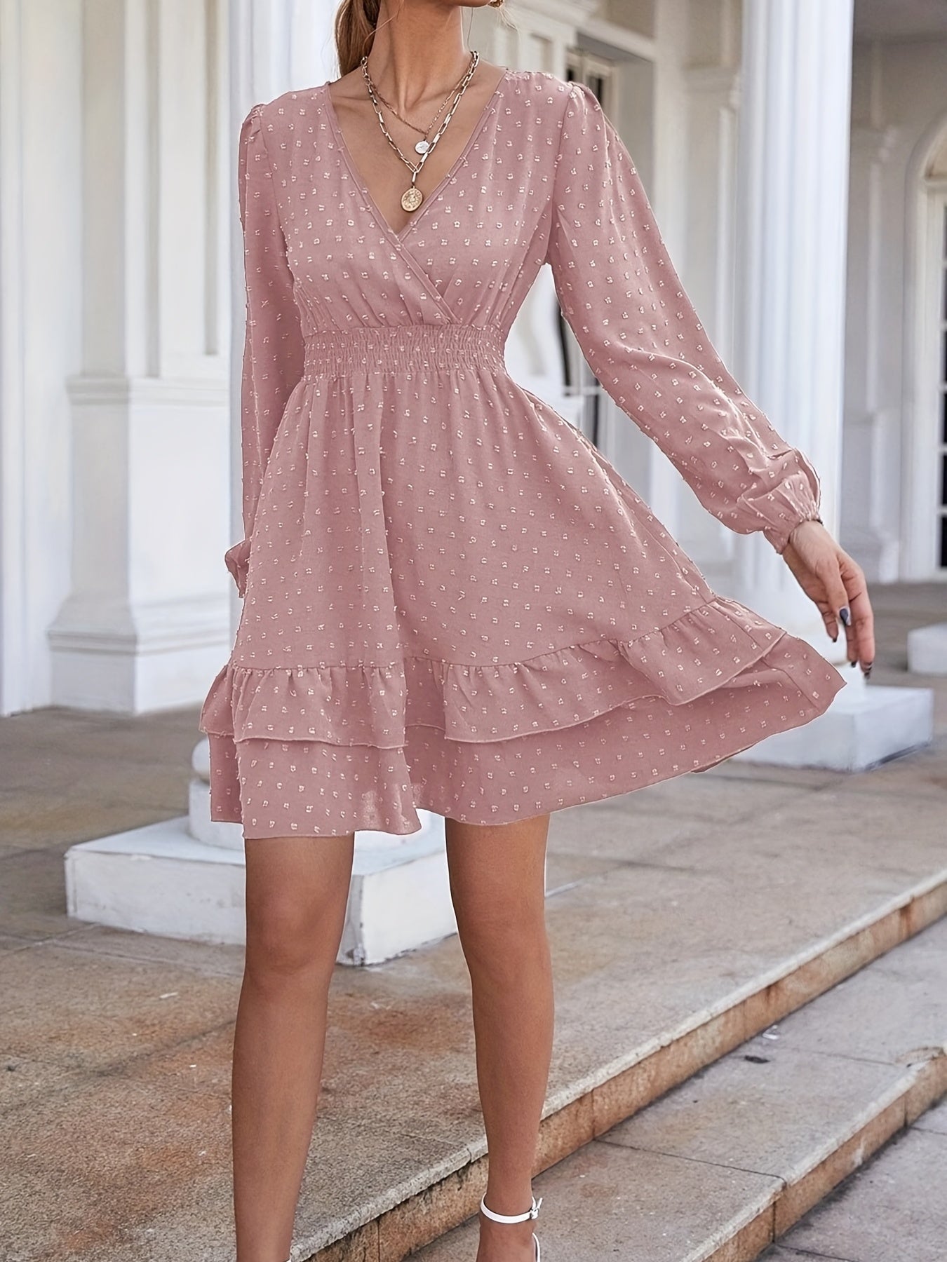 Sixsr Swiss Dot Shirred Waist Dress, Elegant V Neck Long Sleeve Dress, Women's Clothing