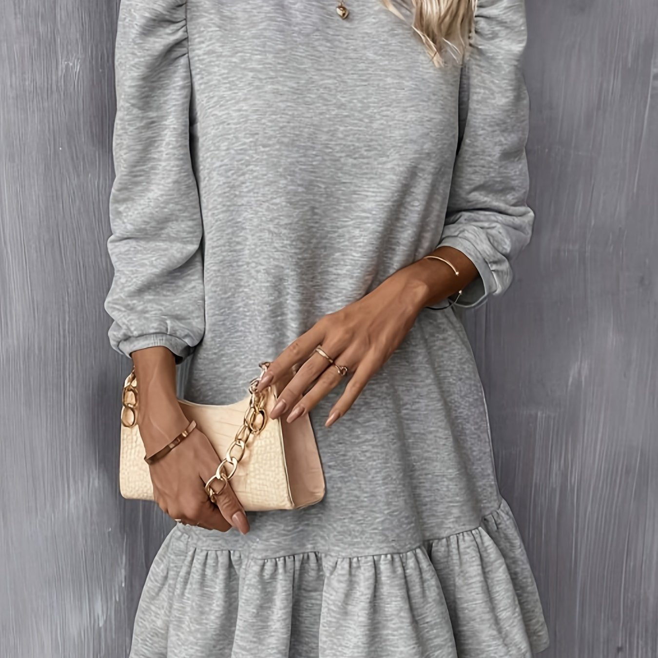 Solid Ruffle Hem Lantern Sleeve Dress, Casual Crew Neck Above Knee Dress, Women's Clothing