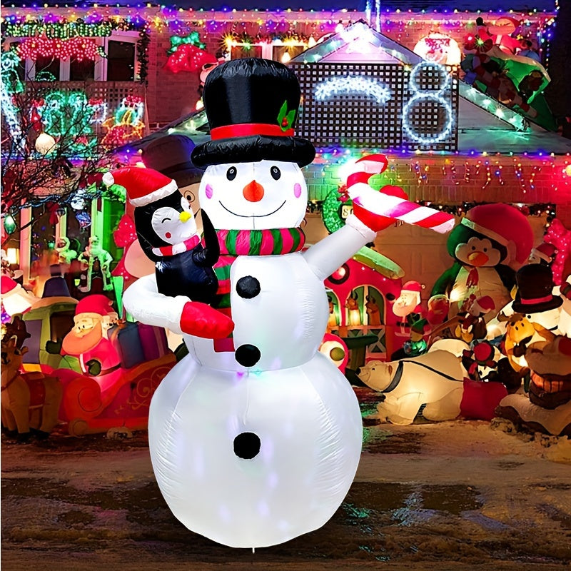 1pc 7ft Inflatable Snowman with Penguin and Candy Cane, Rotating LED Lights, Outdoor Yard Garden Decor, Christmas Holiday Decoration, 110V-130V Power Supply, US Plug, Polyester Fiber
