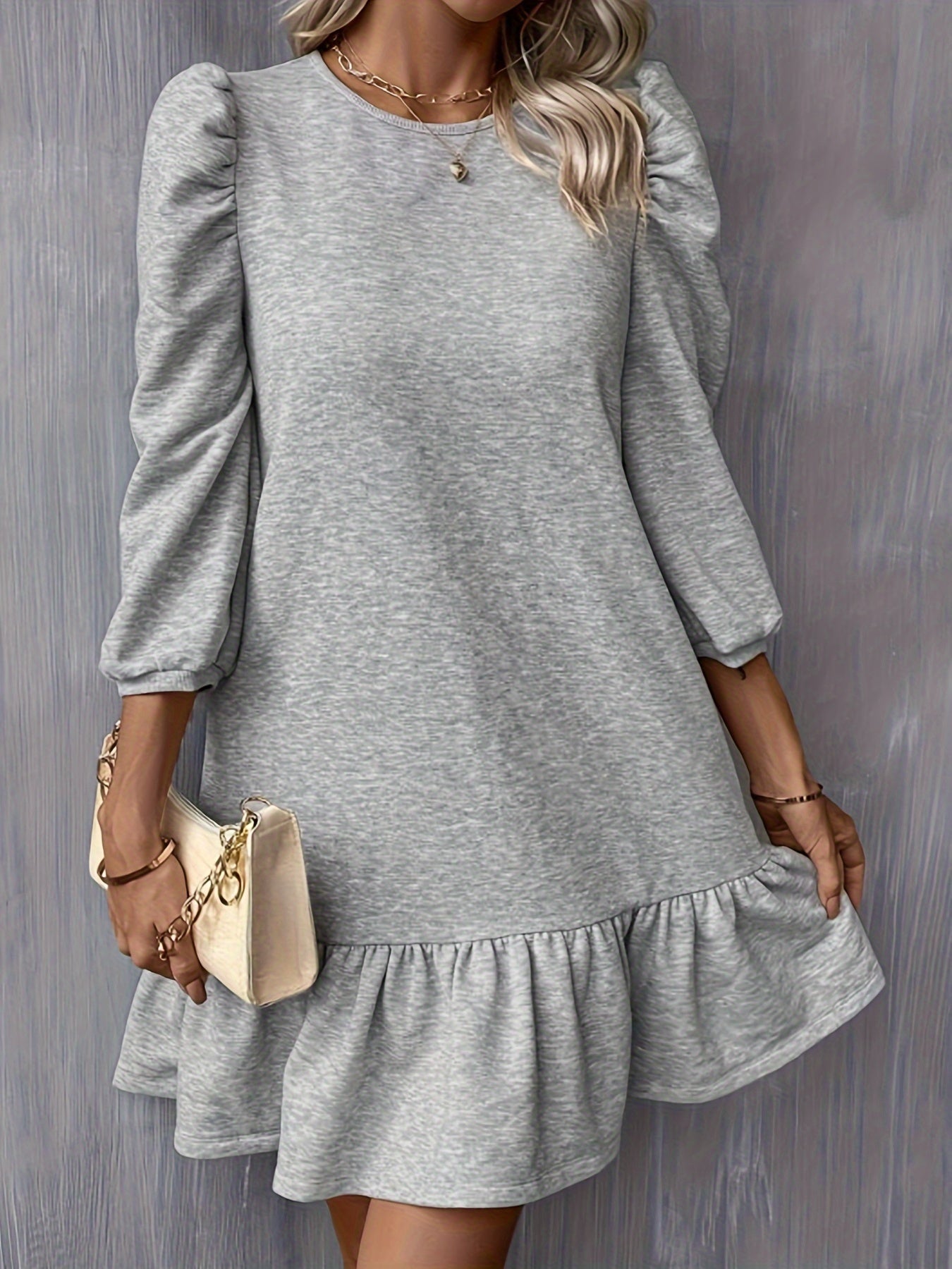 Solid Ruffle Hem Lantern Sleeve Dress, Casual Crew Neck Above Knee Dress, Women's Clothing