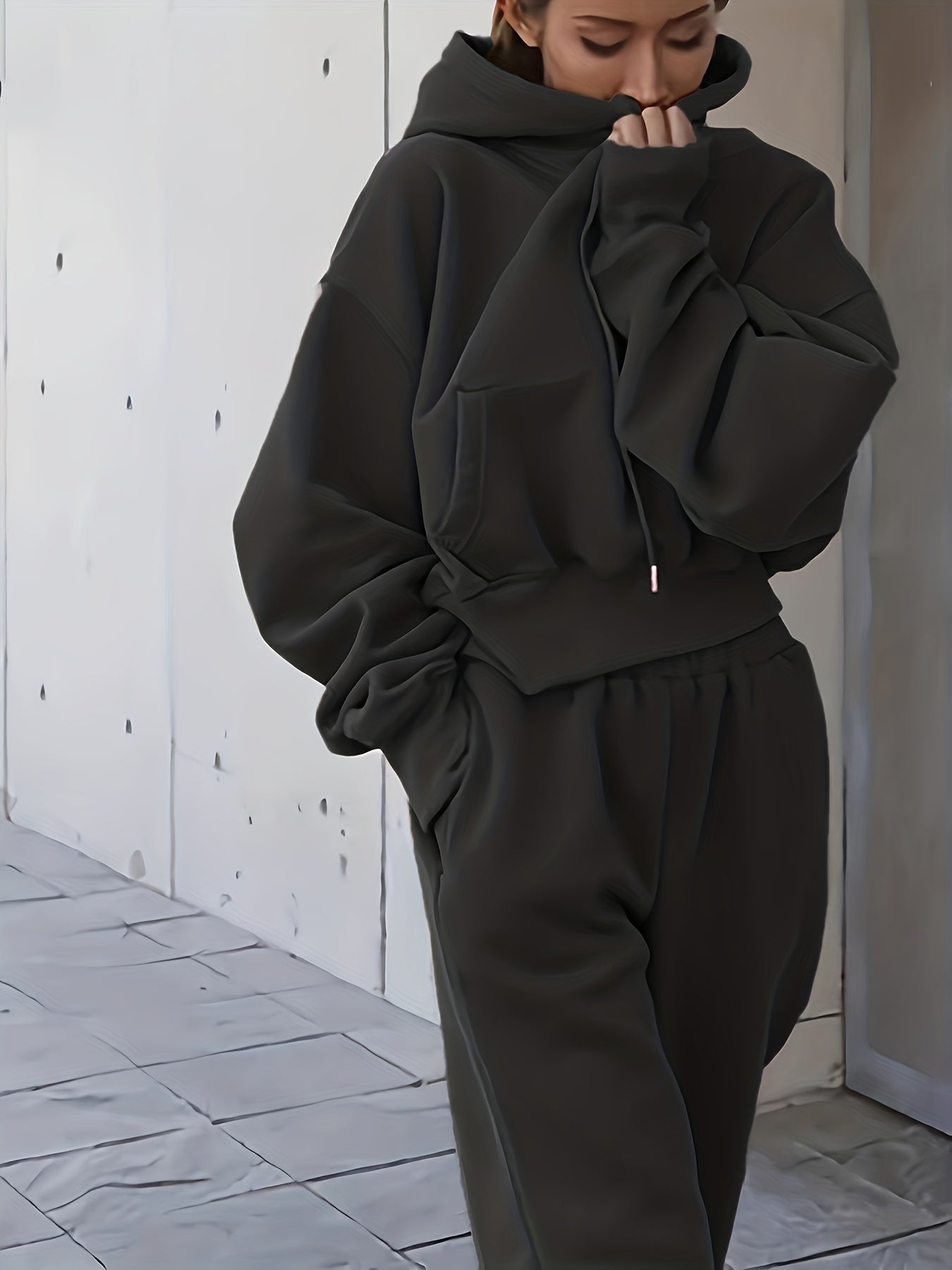 Sixsr 2pcs Athleisure Set, Oversized Solid Hooded Pocket Drawstring Sweatshirts & Sweatpants Sets, Women's Clothing