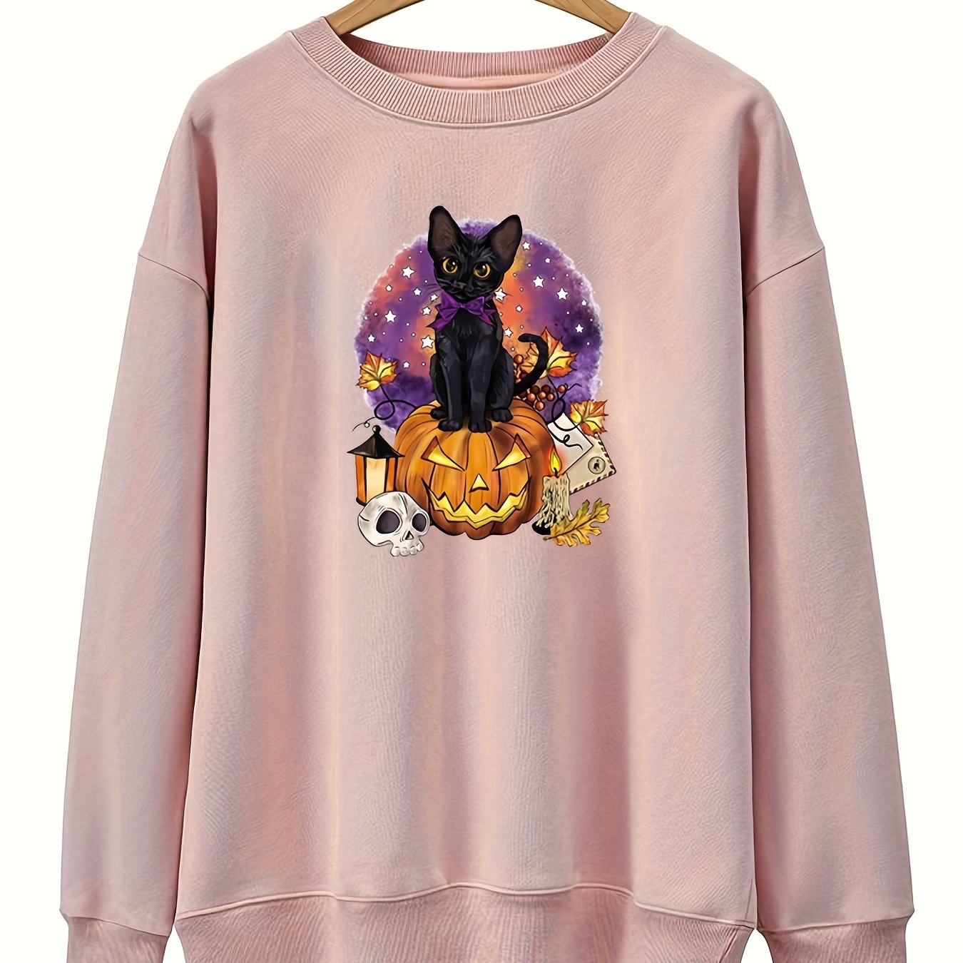 Sixsr Plus Size Halloween Casual Sweatshirt, Women's Plus Cat & Skull & Pumpkin Print Round Neck Long Sleeve Sweatshirt