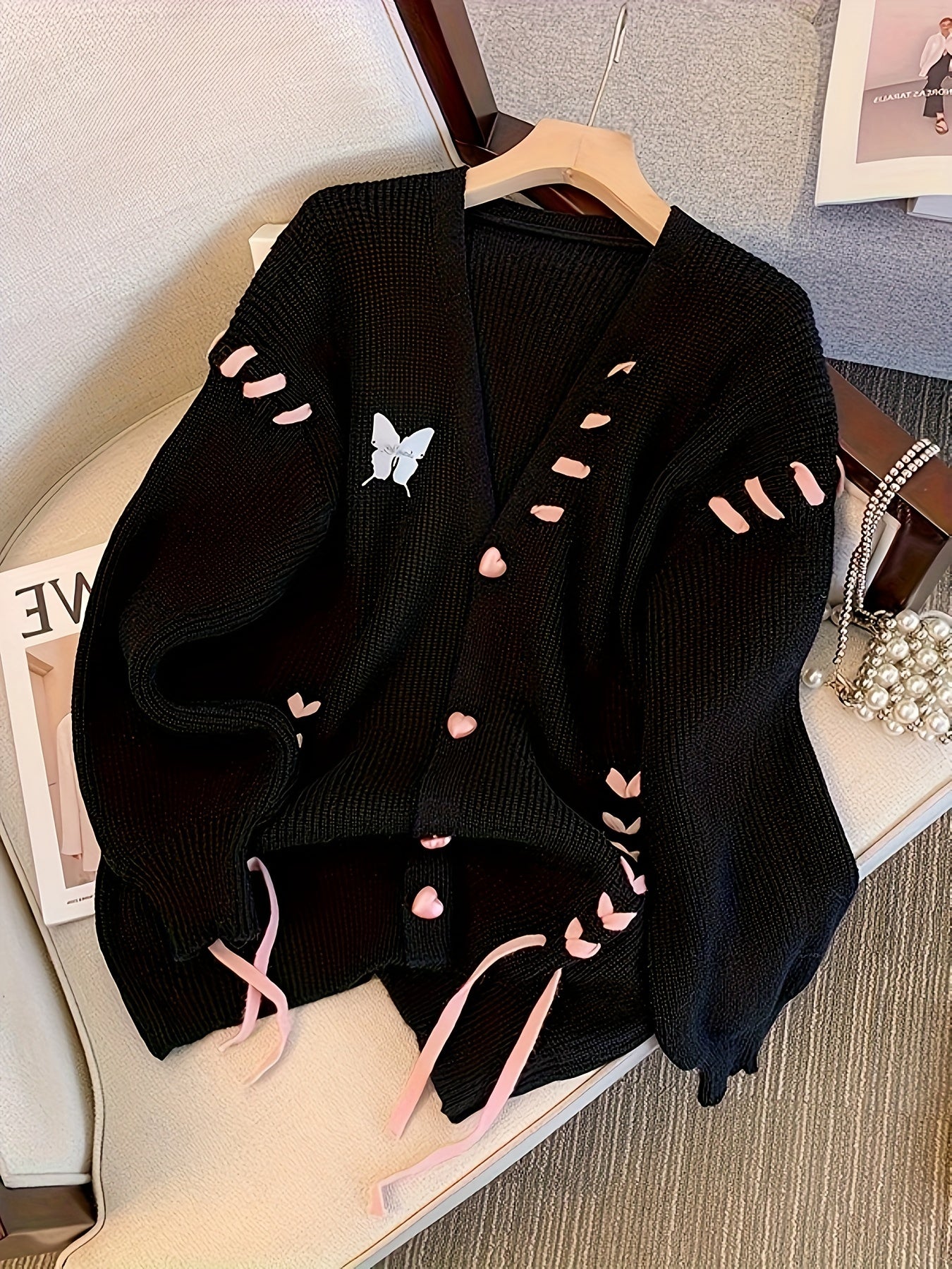 Sixsr Lace Up Button Down Knit Cardigan, Casual Long Sleeve Loose Sweater, Women's Clothing