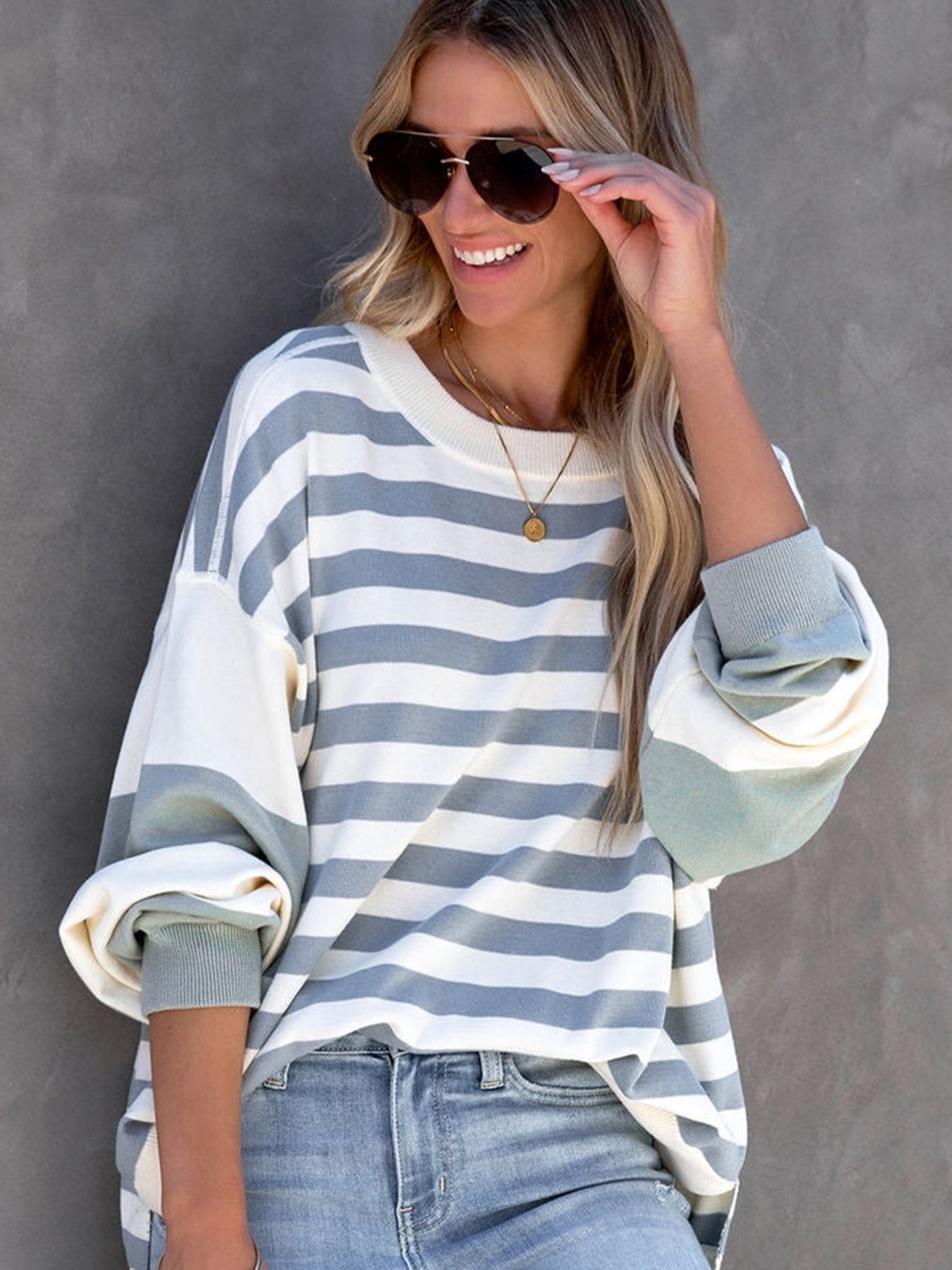 Sixsr Striped Drop Shoulder Pullover, Crew Neck Long Sleeve Sweatshirt For Fall & Winter, Women's Clothing