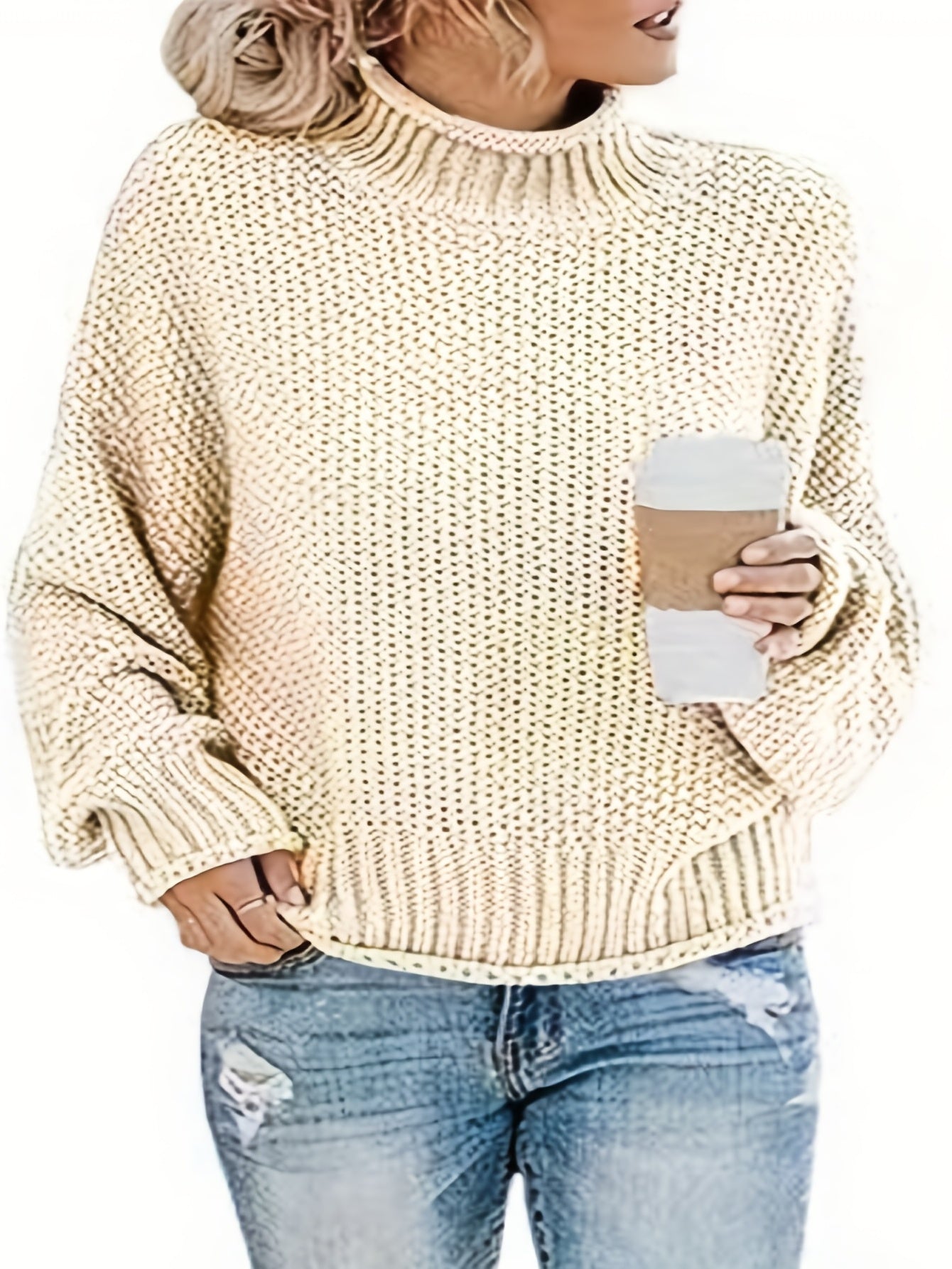 Sixsr Plus Size Casual Sweater, Women's Plus Solid Bat Sleeve Mock Neck Knitted Pullover Sweater