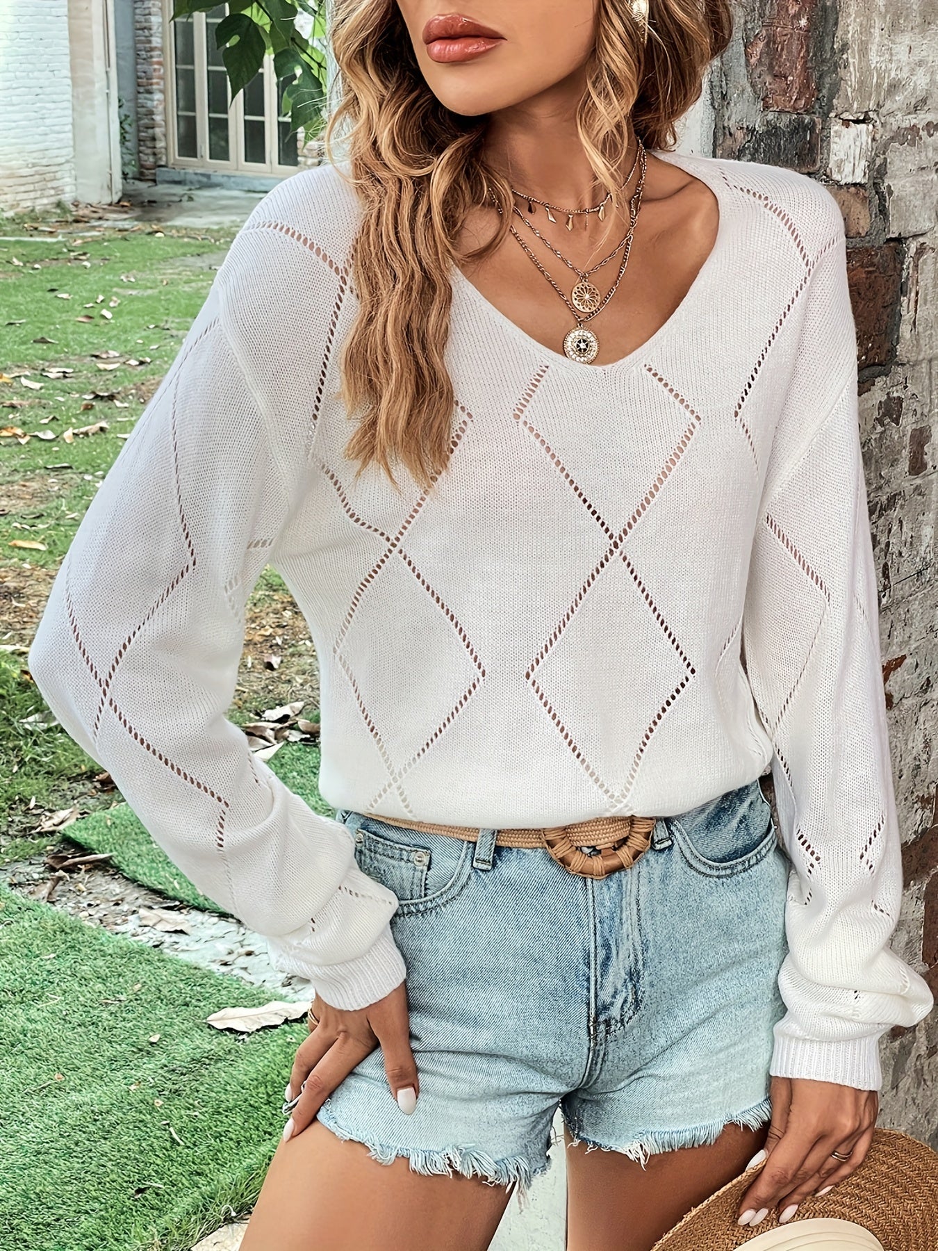 Sixsr Long Sleeve Hollow Out Sweater, V Neck Casual Sweater, Women's Clothing