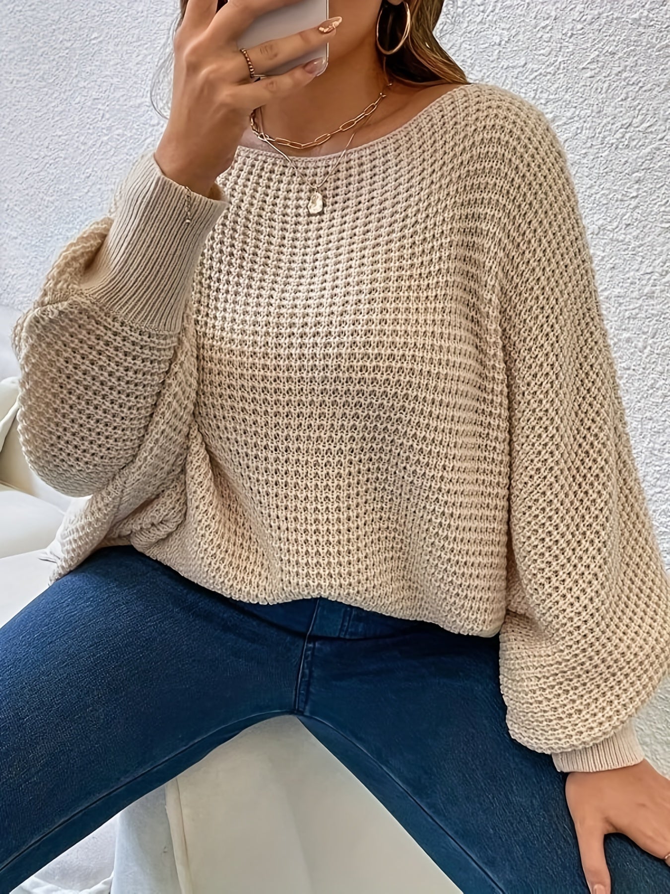 Sixsr Plus Size Casual Sweater, Women's Plus Plain Bat Sleeve Round Neck Slight Stretch Pullover Sweater