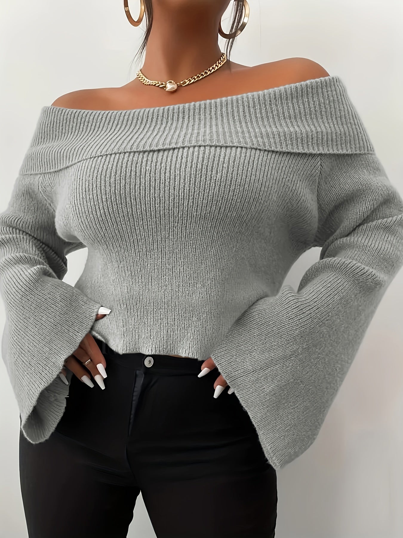 Sixsr Plus Size Casual Sweater, Women's Plus Solid Off Shoulder Bell Sleeve Slight Stretch Jumper